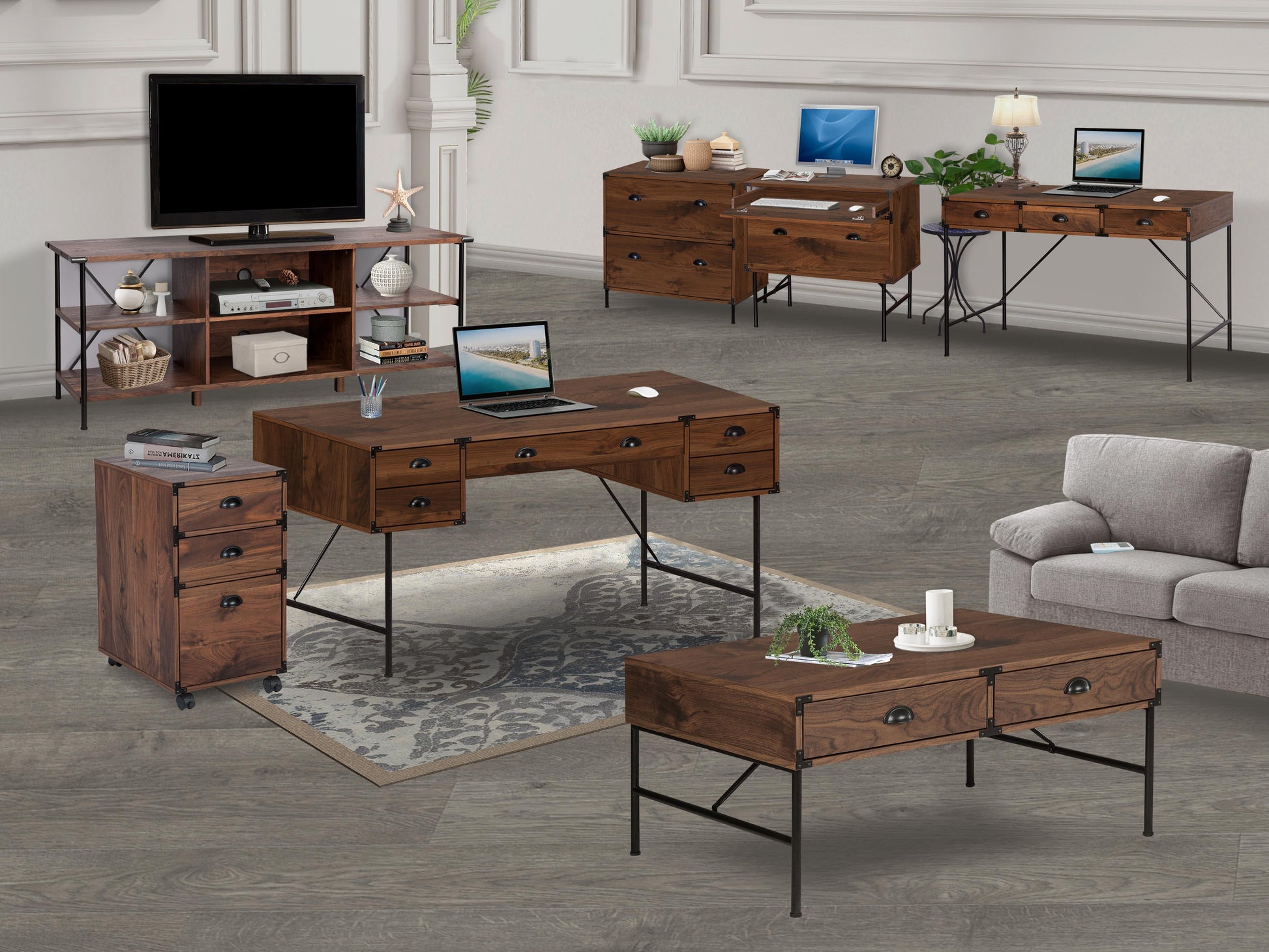 Coffee Table "Chic Walnut Coffee Table With Drawers And Sleek Metal Frame For Modern Living Spaces" Walnut Solid Wood