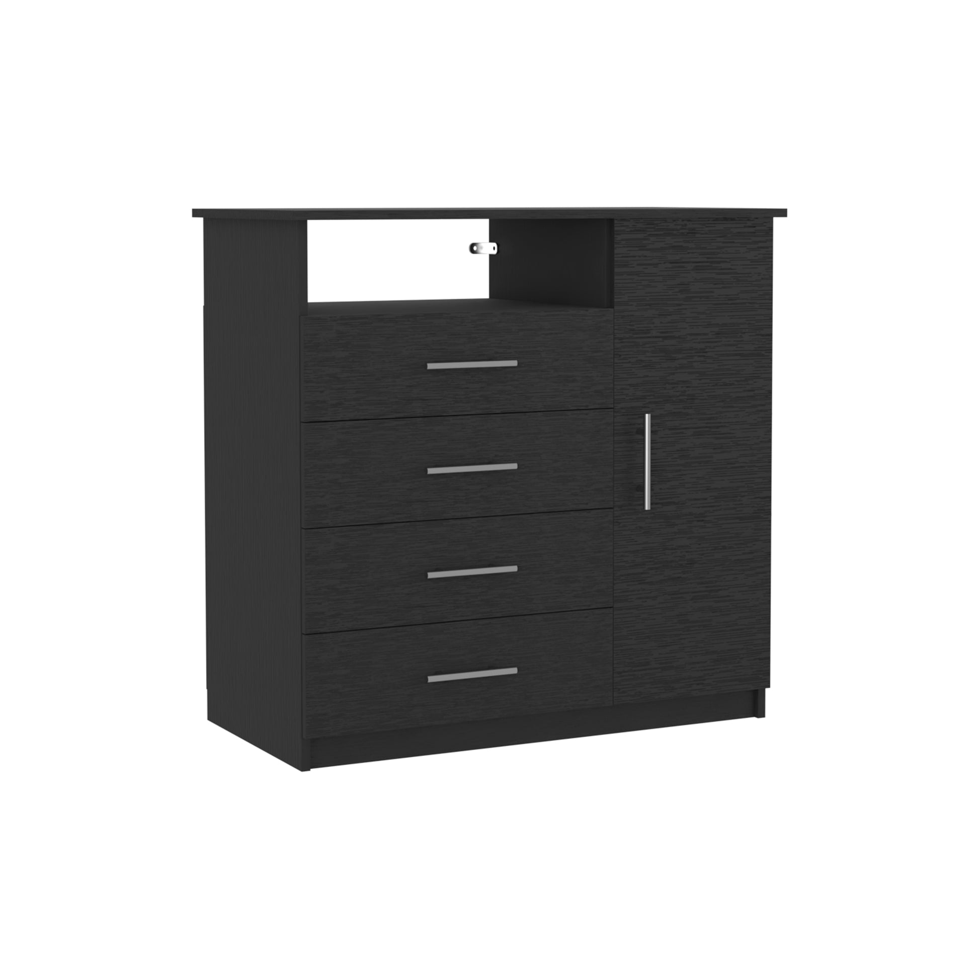 4 Drawer Dresser, One Open Shelf, Superior Top, Single Door Cabinet, Black Black Solid Wood Mdf Engineered Wood