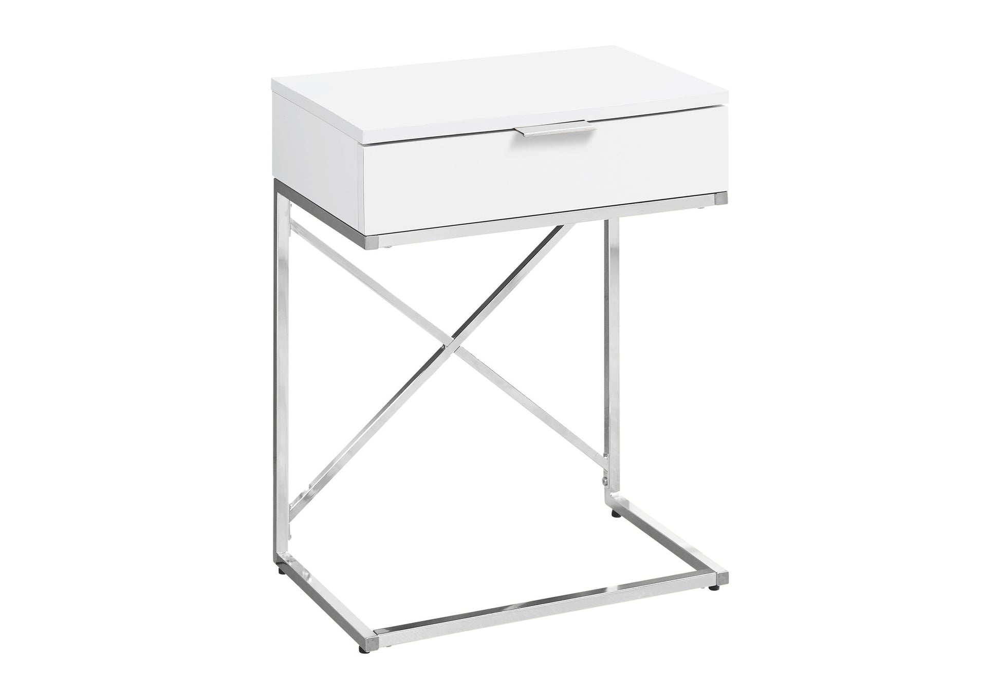 Accent Table, Side, End, Nightstand, Lamp, Storage Drawer, Living Room, Bedroom, Glossy White Laminate, Chrome Metal, Contemporary, Modern White Particle Board