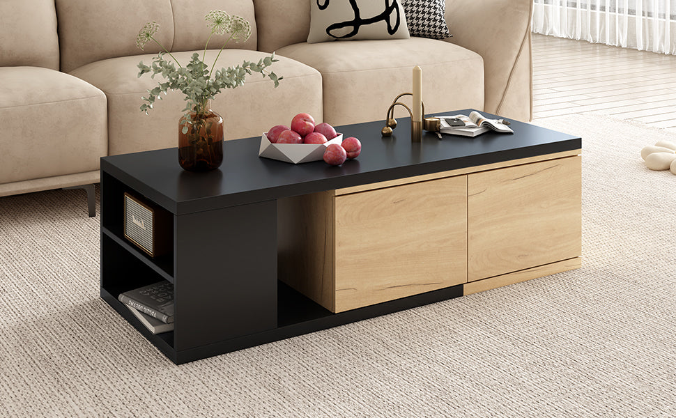 47.2'' 57''W Extendable Coffee Table With 2 Storage Drawers, Dual Tone Wood Center Table With Extendable Sliding Tabletop, Multi Functional Hidden Storage Sofa Table For Living Room, Black Black Primary Living Space Drawers Rectangular Particle Board Mdf