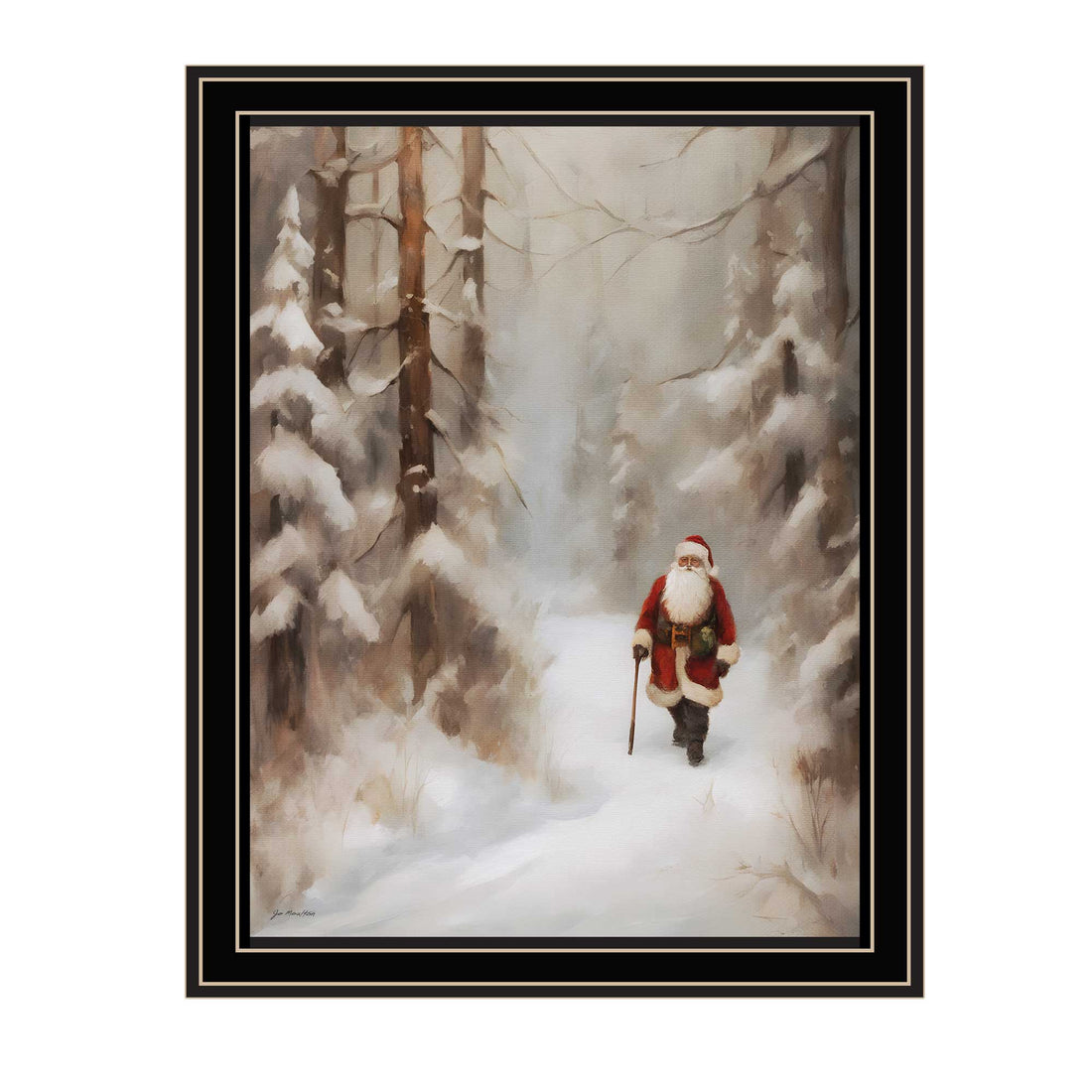 Santa'S Winter Stroll Black Framed Wall Art For Living Room, Holiday Wall Art Print For Home Decor, Bedroom Wall Art By Jo Moulton Multicolor Wood Paper