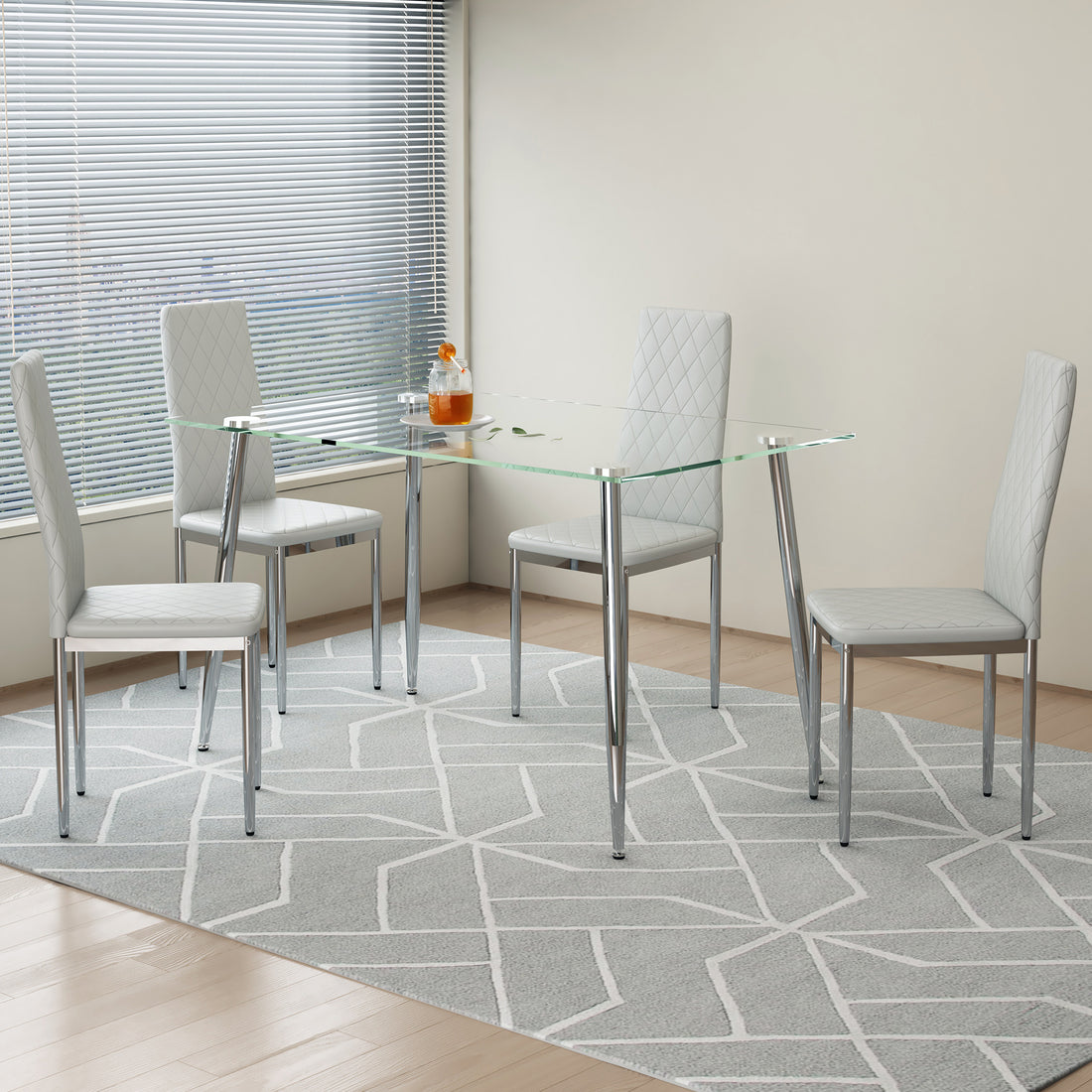 Table And Chair Set.Rectangular Dining Table With Tempered Glass Tabletop And Silver Plating Metal Legs.Paired With 4 Checkered Armless High Backlight Gray Chairs With Electroplated Metal Legs. Transparent Seats 4 Glass Metal