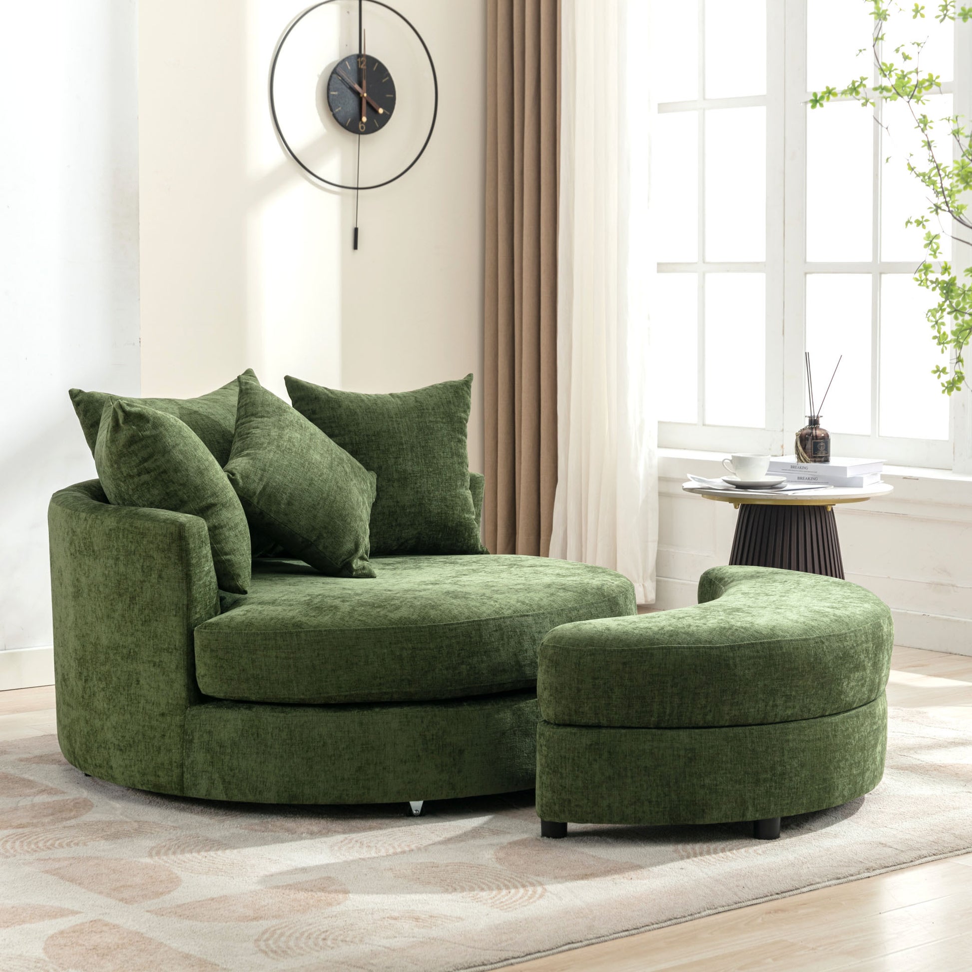 Orisfur. 360 Swivel Accent Barrel Chair With Storage Ottoman & 4 Pillows, Modern Chenille Leisure Chair Round Accent For Living Room, Green Green Foam Chenille