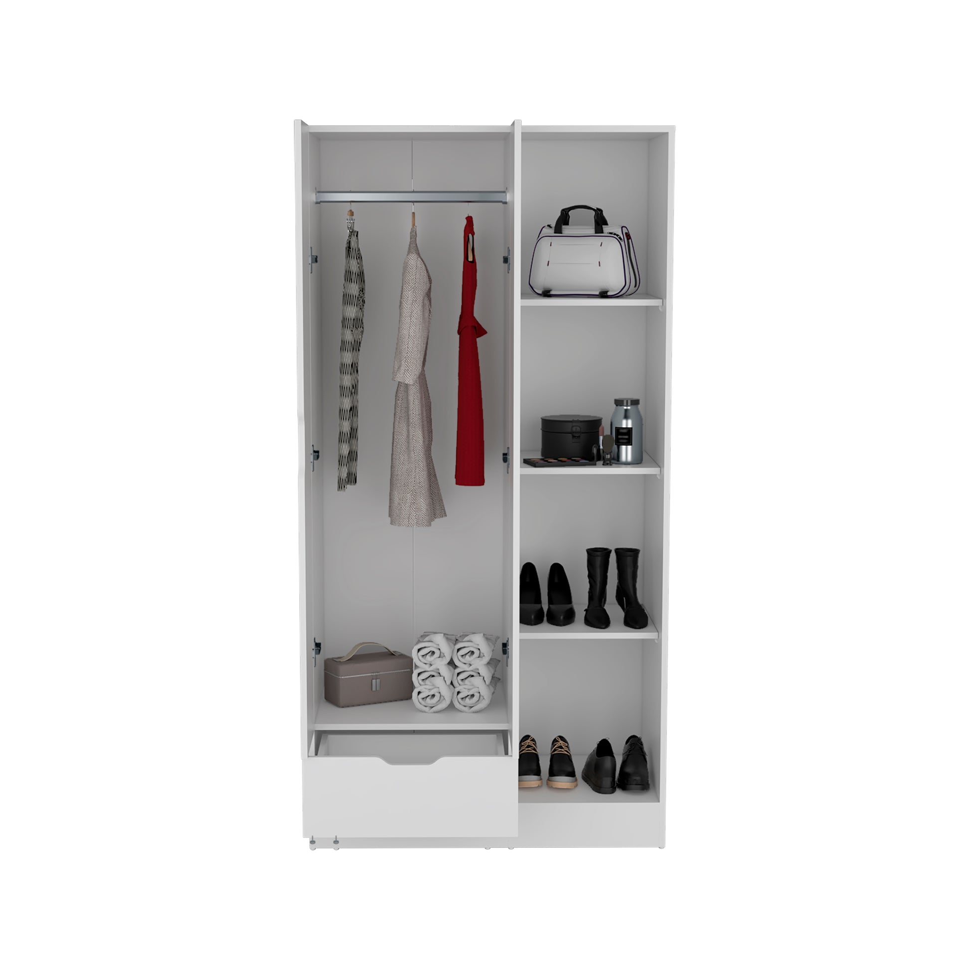 Memphis Wardrobe Armoire With 4 Tier Storage Shelves And 1 Drawer White White Bedroom Particle Board