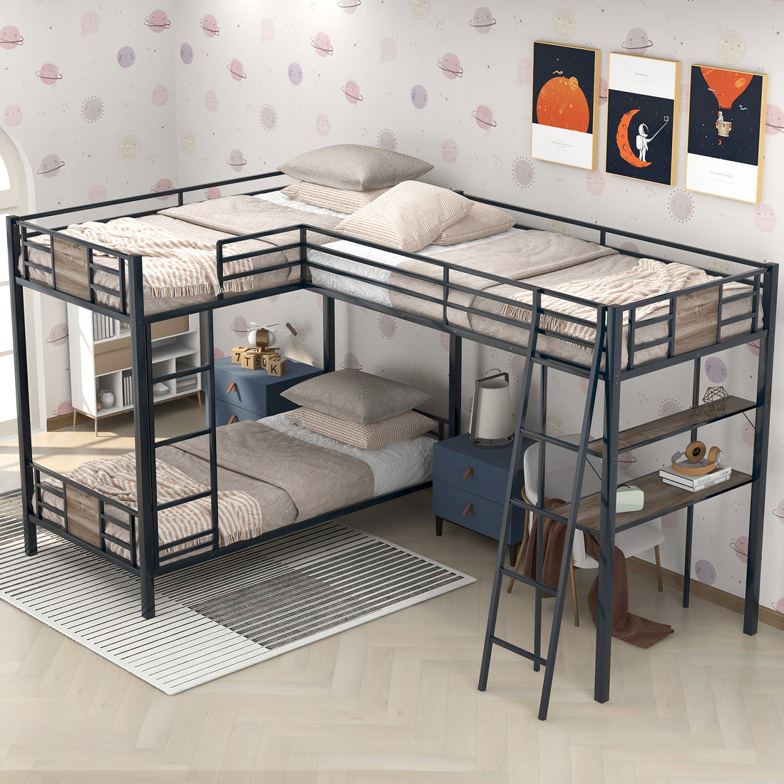 L Shaped Twin Over Twin Bunk Bed With Twin Size Loft Bed With Desk And Shelf ,Brown Brown Steel