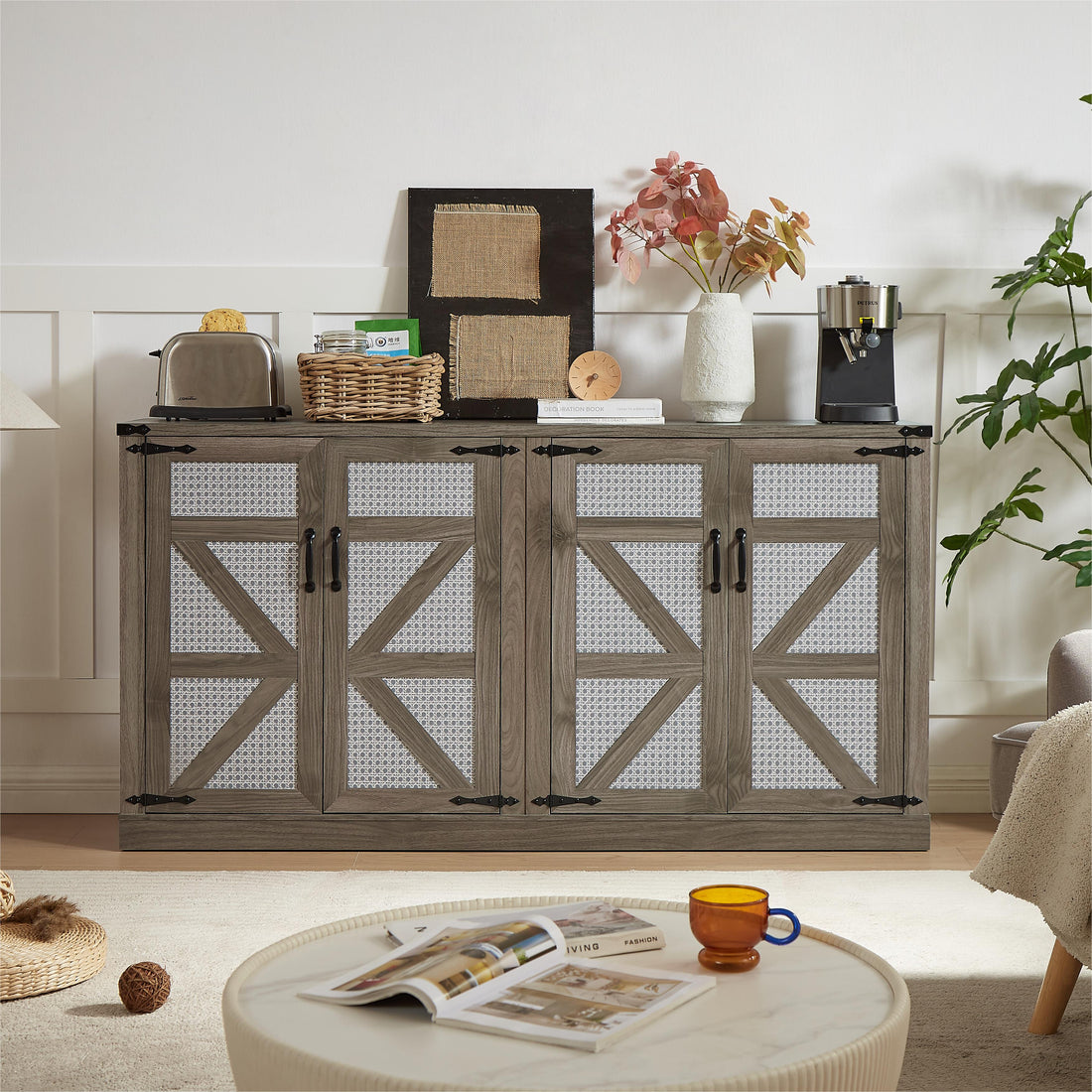 65 Inch Slate Gray Faux Rattan Sideboard With Barn Doors Rustic Sideboard, 4 Door Storage For Living Room, Entryway, Bedroom, Dining Room Stone Gray Particle Board Mdf