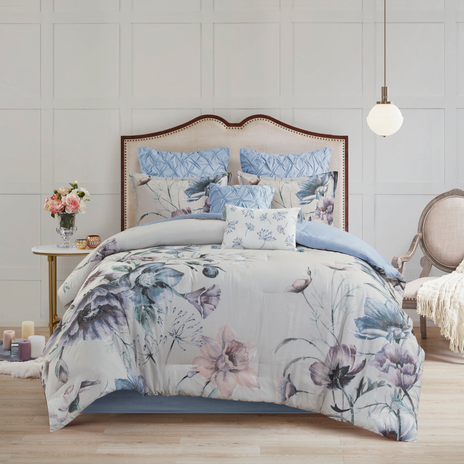 8 Piece Cotton Printed Comforter Set Blue Queen Queen Blue Polyester
