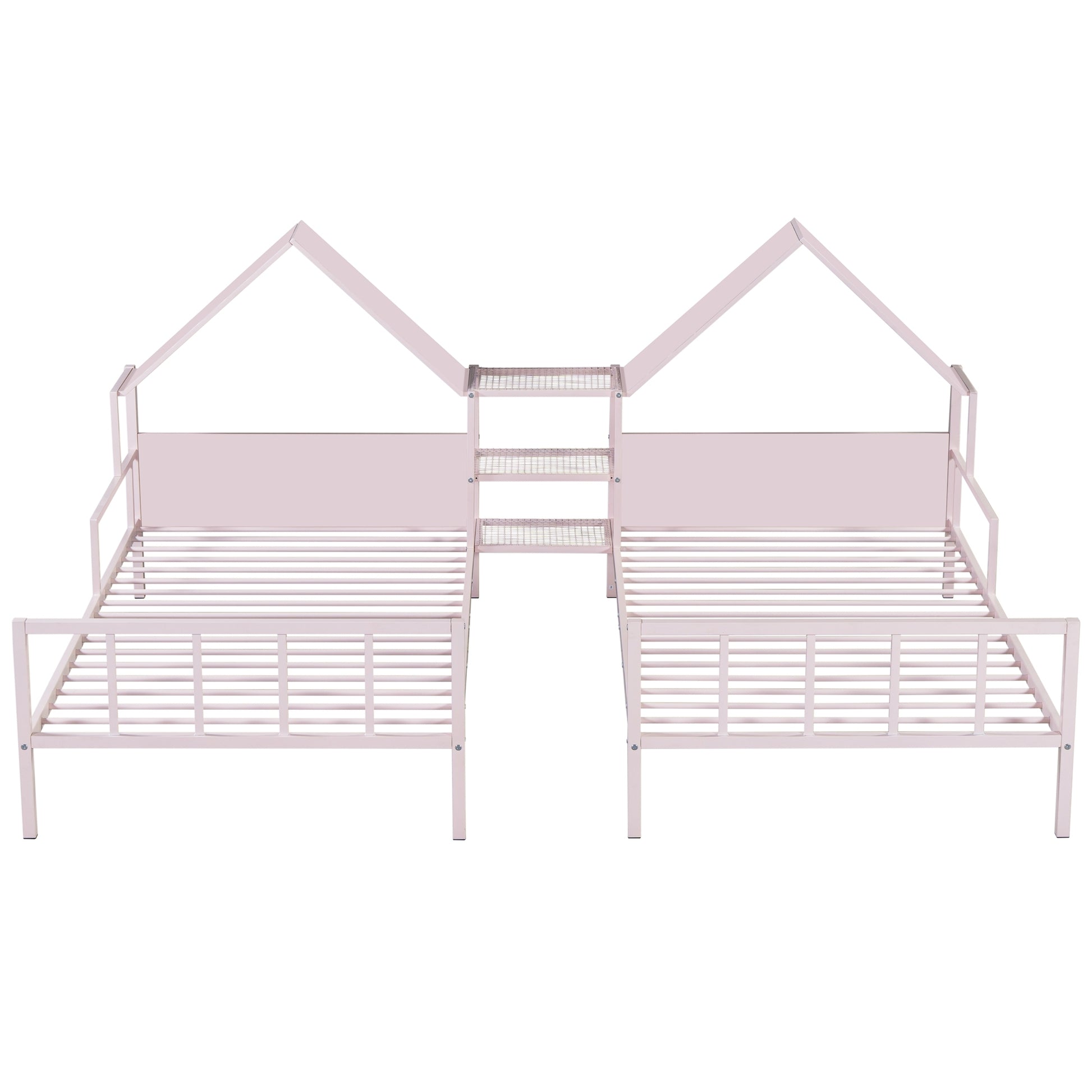 Metal Double Twin Size Platform Bed With House Shaped Headboard And A Built In Nightstand, Pink Box Spring Not Required Twin Pink Metal Metal