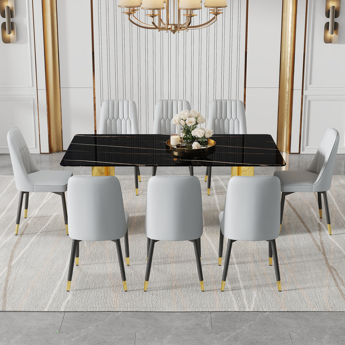 Table And Chair Set.The Table Has A Glass Top With Imitation Marble Pattern Stickers And Stainless Steel Golden Legs. Paried With Chairs With Pu Artificial Leather Backrest Cushions And Black Legs. Black Gold Seats 8 Glass Metal