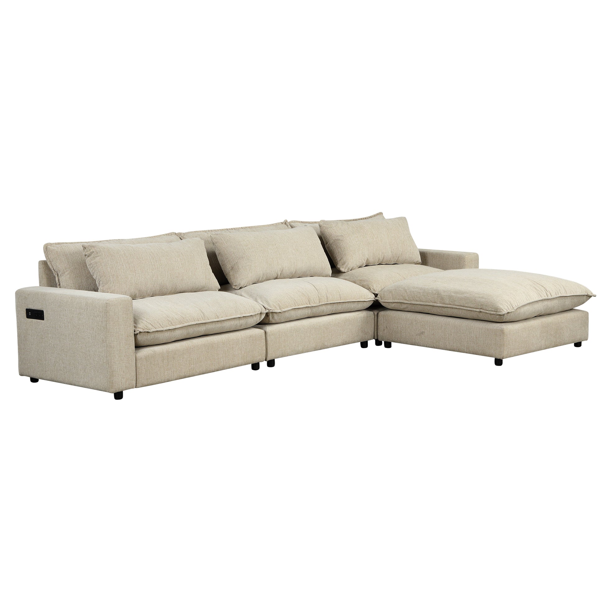 128" Sectional Sofa Cloud Sofa Chenille Upholstered Sofa Couch With Movable Ottoman, Comfortable Seat Cushions, Charging Ports And Three Back Pillows For Living Room, Beige Beige Foam Chenille 4 Seat