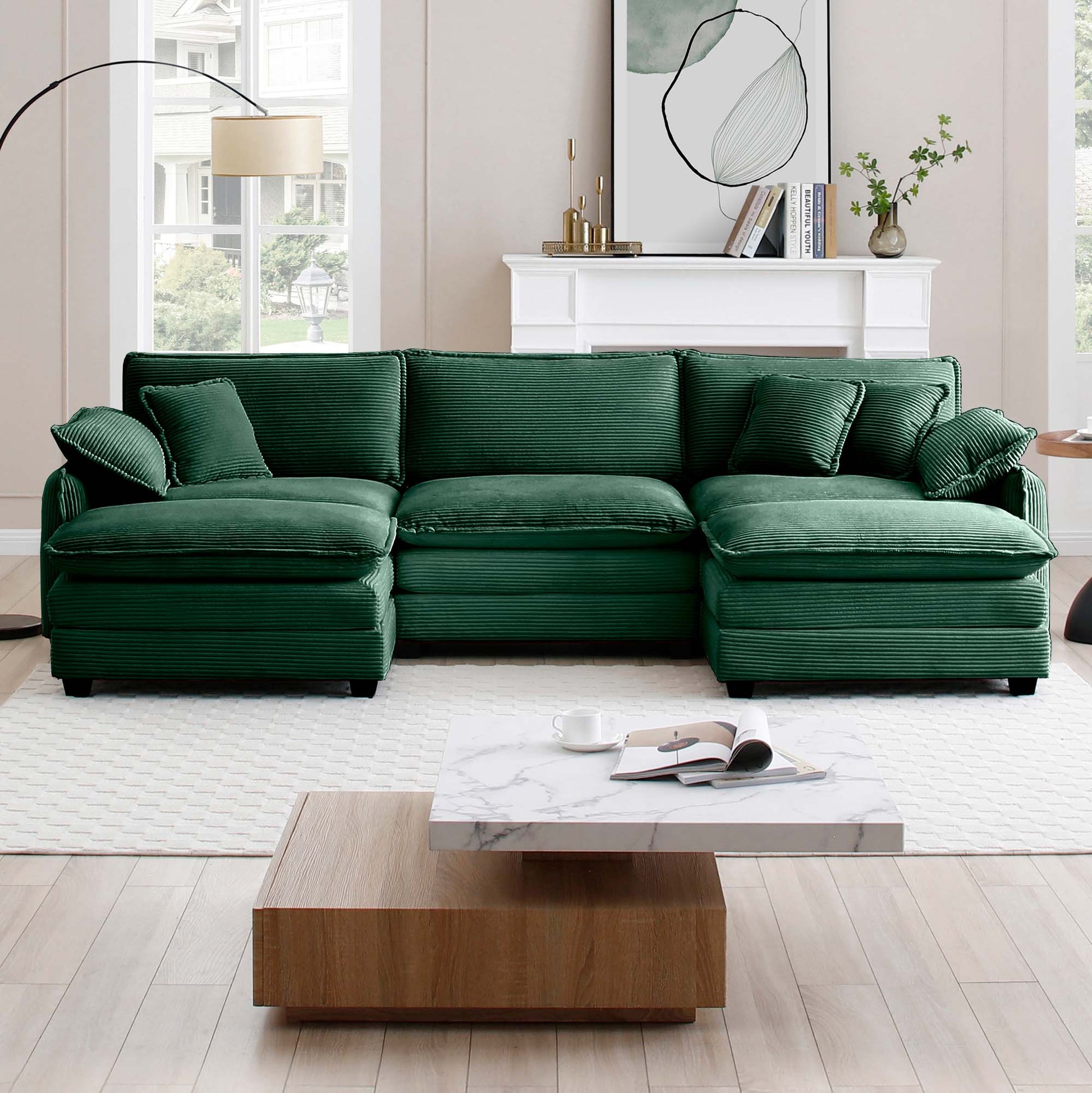 Oversized Modular Cushioned Sofa With Conversible Ottoman, 3 Seater Sofa With 2 Footstools, U Shape Sofa Ingreen Corduroy Fabric Green Corduroy 3 Seat