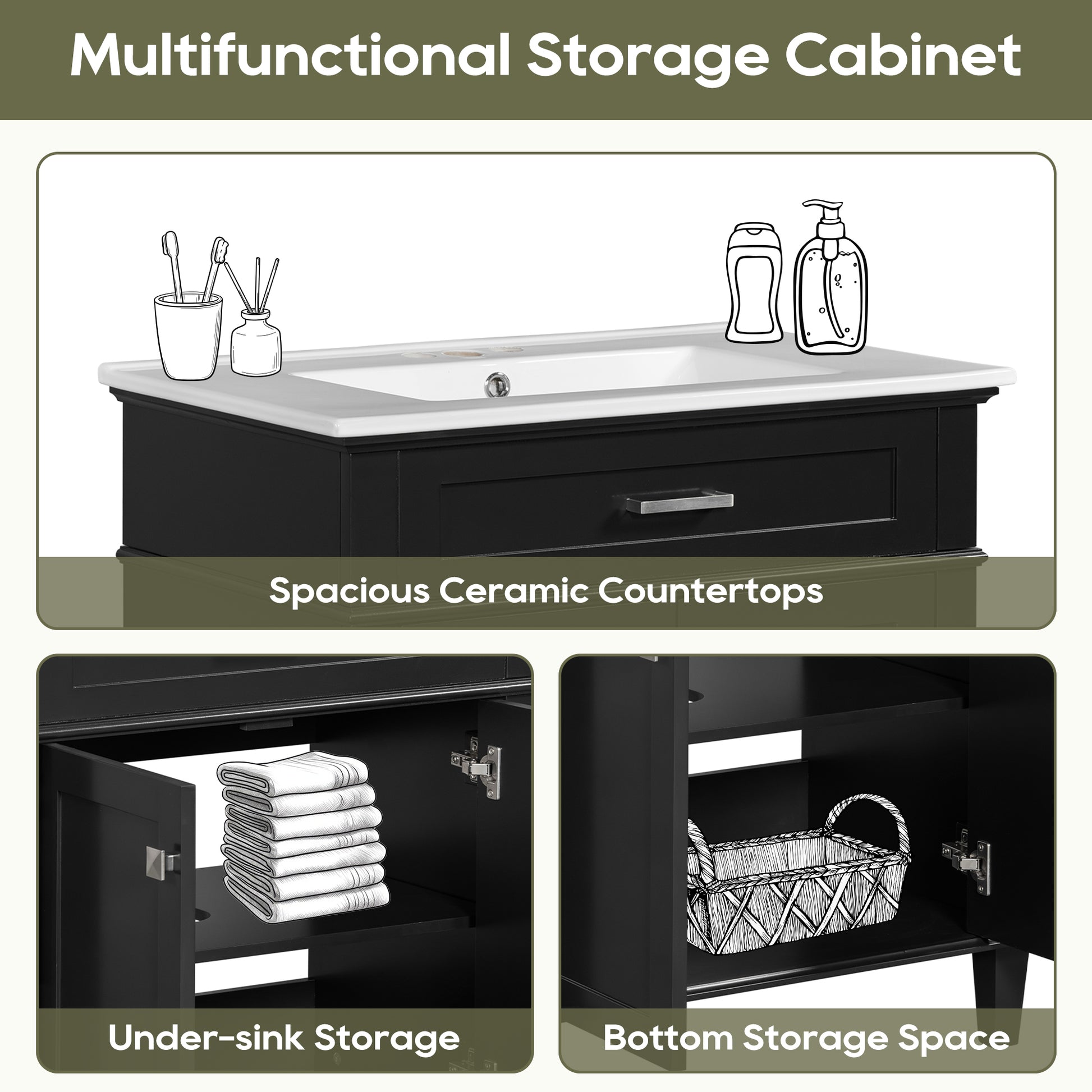 30 Inch Bathroom Vanity With Ceramic Basin, Soft Close Door And Adjustable Shelves Black Bathroom Solid Wood Mdf