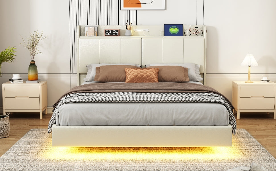 Queen Size Floating Bed Frame With Storage Headboard, Modern Upholstered Platform Bed With Touch Sensor Night Light And Usb Charger, Beige Queen Beige Bed Frame Wood