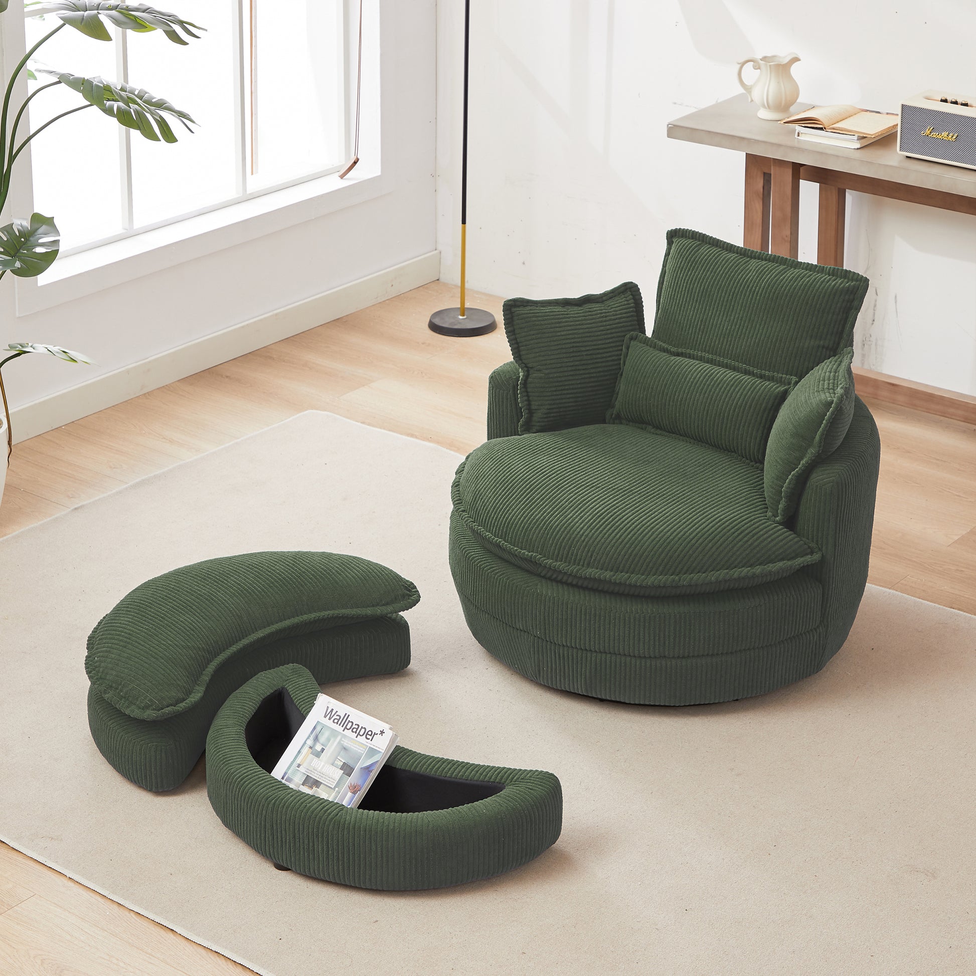 38"W Oversized Swivel Chair With Moon Storage Ottoman For Living Room, Modern Accent Round Loveseat Circle Swivel Barrel Chairs For Bedroom Cuddle Sofa Chair Lounger Armchair, 4 Pillows,Corduroy Green Foam Corduroy 1 Seat