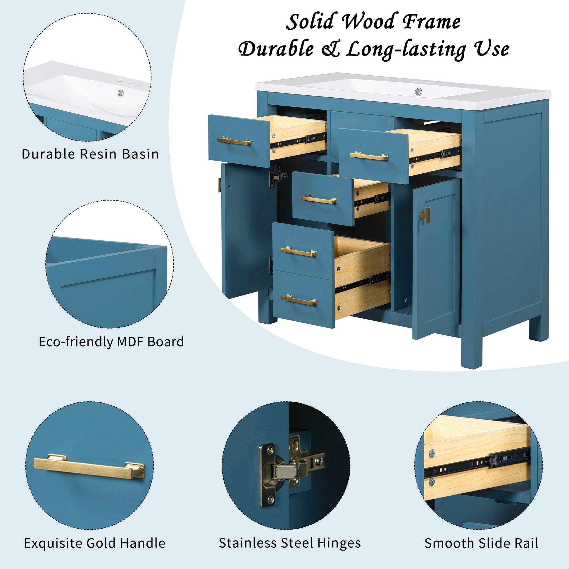36'' Bathroon Vanity With Resin Sink Combo Set,Modern Freestanding Single Bathroom Cabinet With 4 Drawers & 2 Cabinets,Storage Cabinet For Bathroom, Solid Wood Frame Vanity Set Same As Sw000130Aac