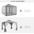 Outsunny 9.6' X 11.6' Patio Gazebo, Outdoor Canopy Shelter With 2 Tier Roof And Netting, Steel Frame For Garden, Lawn, Backyard, And Deck, Gray Grey Polyester