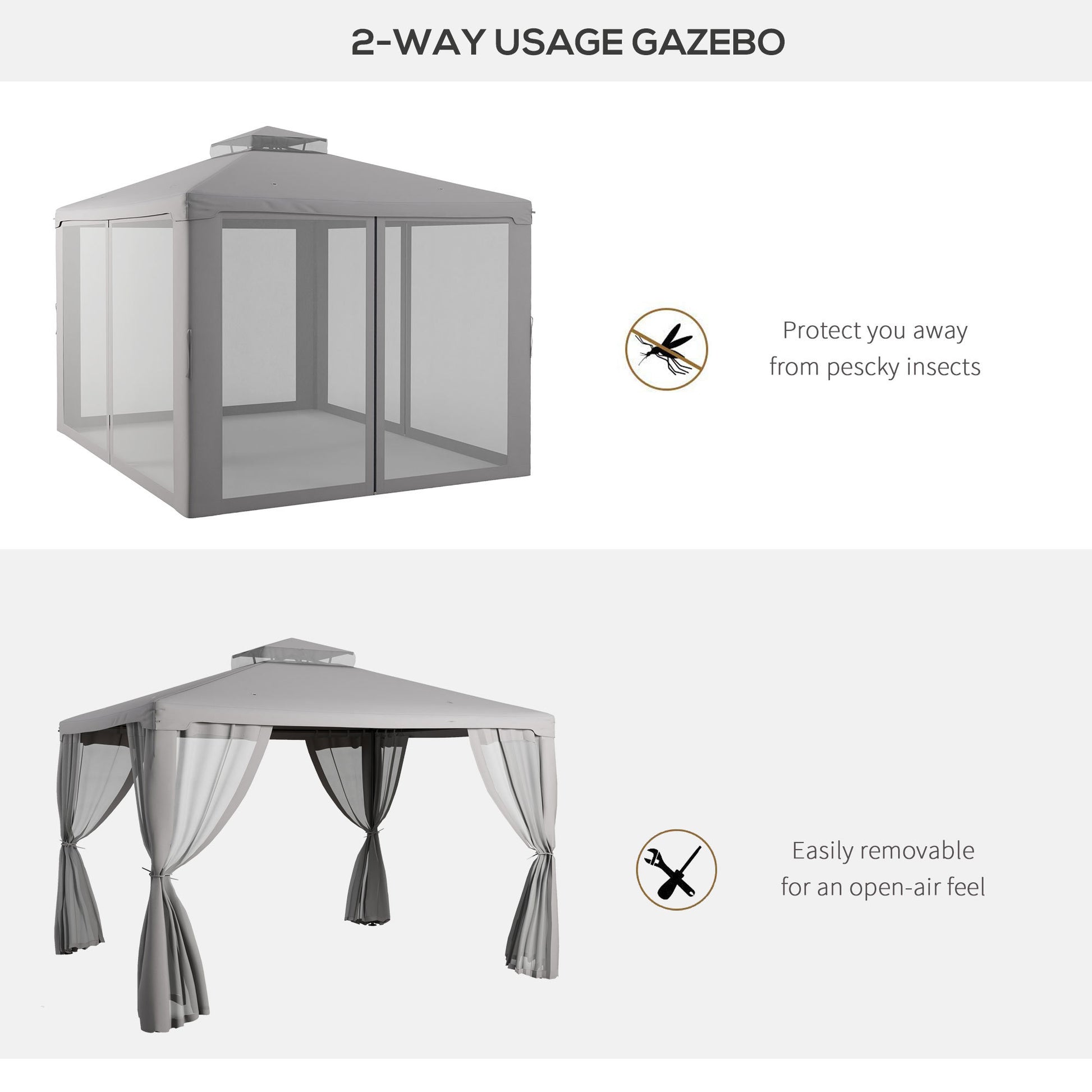 Outsunny 9.6' X 11.6' Patio Gazebo, Outdoor Canopy Shelter With 2 Tier Roof And Netting, Steel Frame For Garden, Lawn, Backyard, And Deck, Gray Grey Polyester