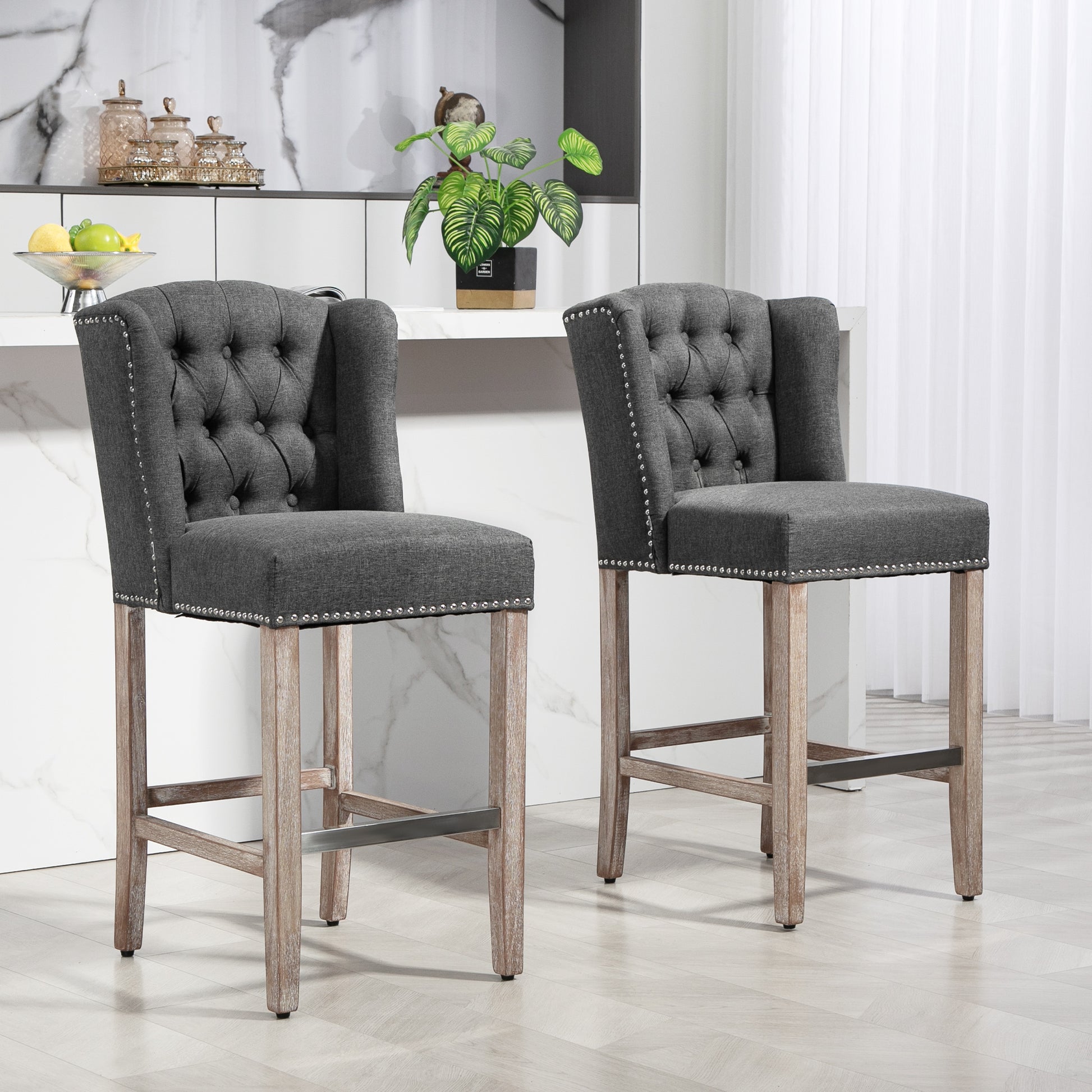 Homcom Counter Height Bar Stools Set Of 2, 27" Seat Height Upholstered Barstools, Farmhouse Kitchen Island Stools With Trim, Tufted Back And Wooden Legs, Dark Gray Dark Gray Polyester