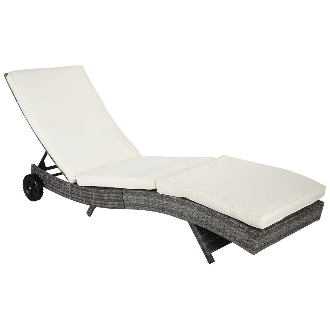 Outsunny Wicker Chaise Lounge Pool Chair, Outdoor Pe Rattan Cushioned Patio Sun Lounger W 5 Level Adjustable Backrest & Wheels For Easy Movement, Cream White Cream White Rattan