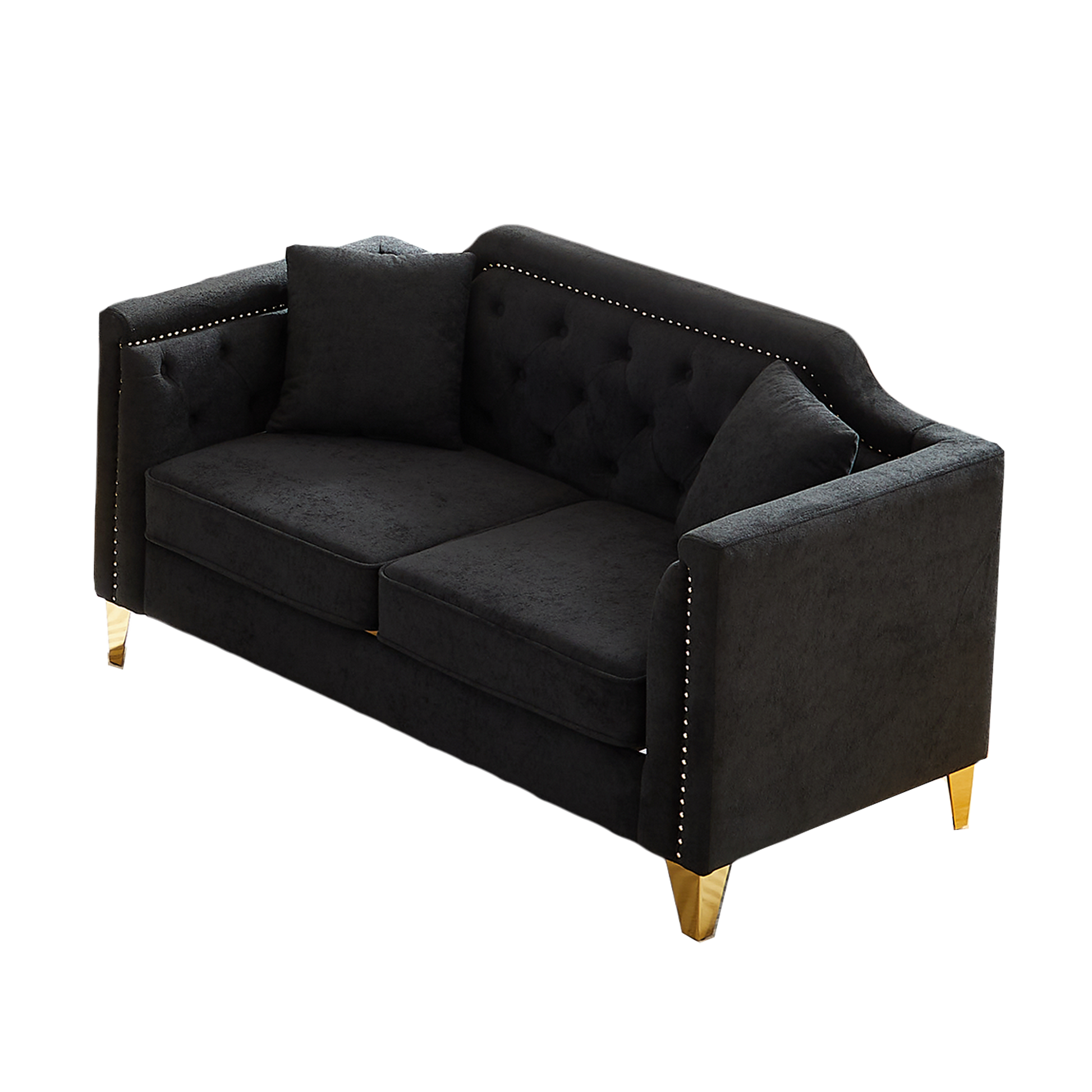 Fx 61.5"Mid Century Design Modern Sofa,Chenille Pull Buckle Design Sofa For Living Room,Buttons Tufted With Copper Nail Decoration Armrest, With 2 Pillows,Modern Couch Upholstered Button And Metal Leg Black Chenille Wood Pine Foam Fabric 2 Seat