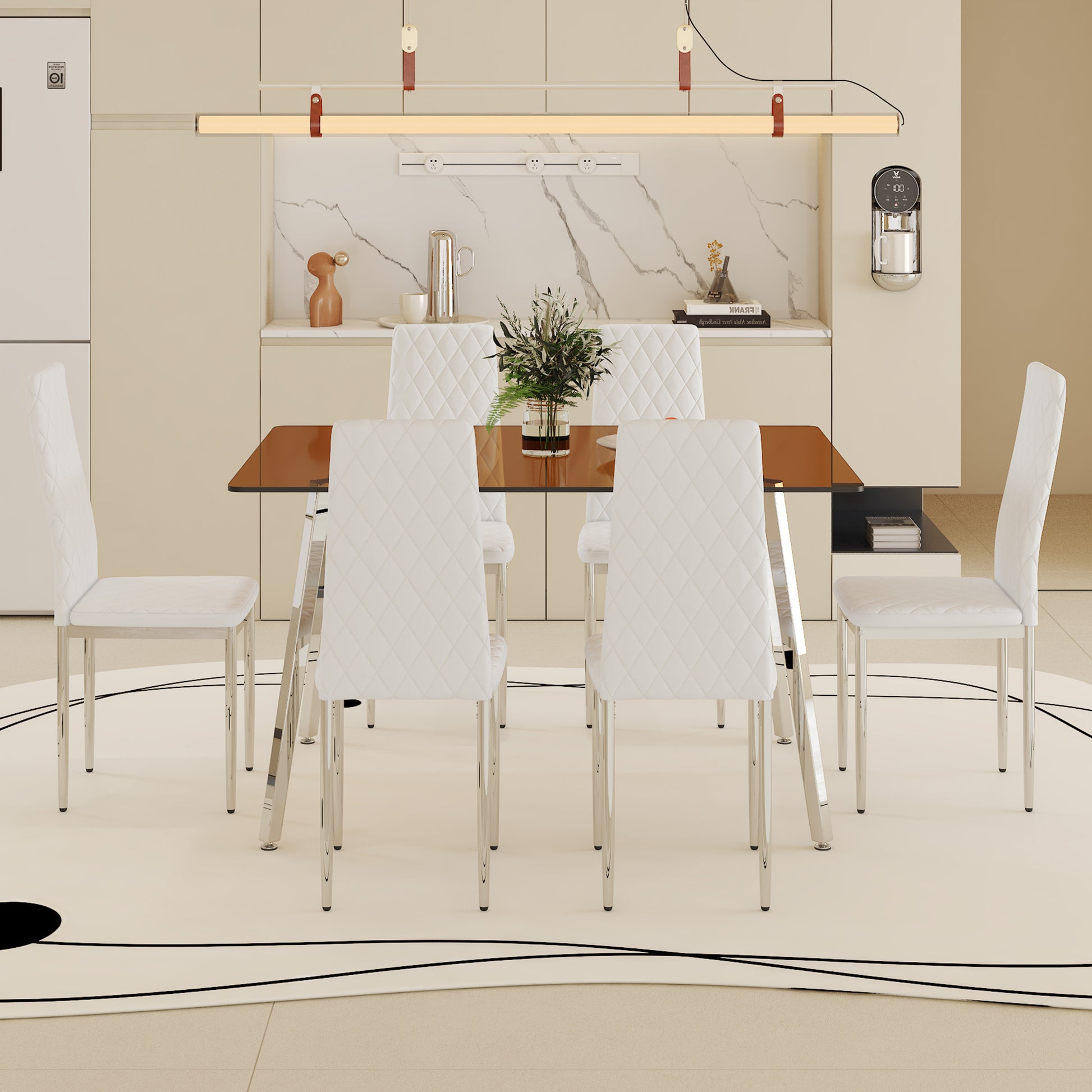 Table And Chair Set.Large Modern Rectangular Table With Brown Glass Top And Silver Metal Legs. Paired With 6 White Chairs With Checkered Armless High Back Pu Cushion And Silver Metal Legs. Silver,White Seats 6 Glass Metal