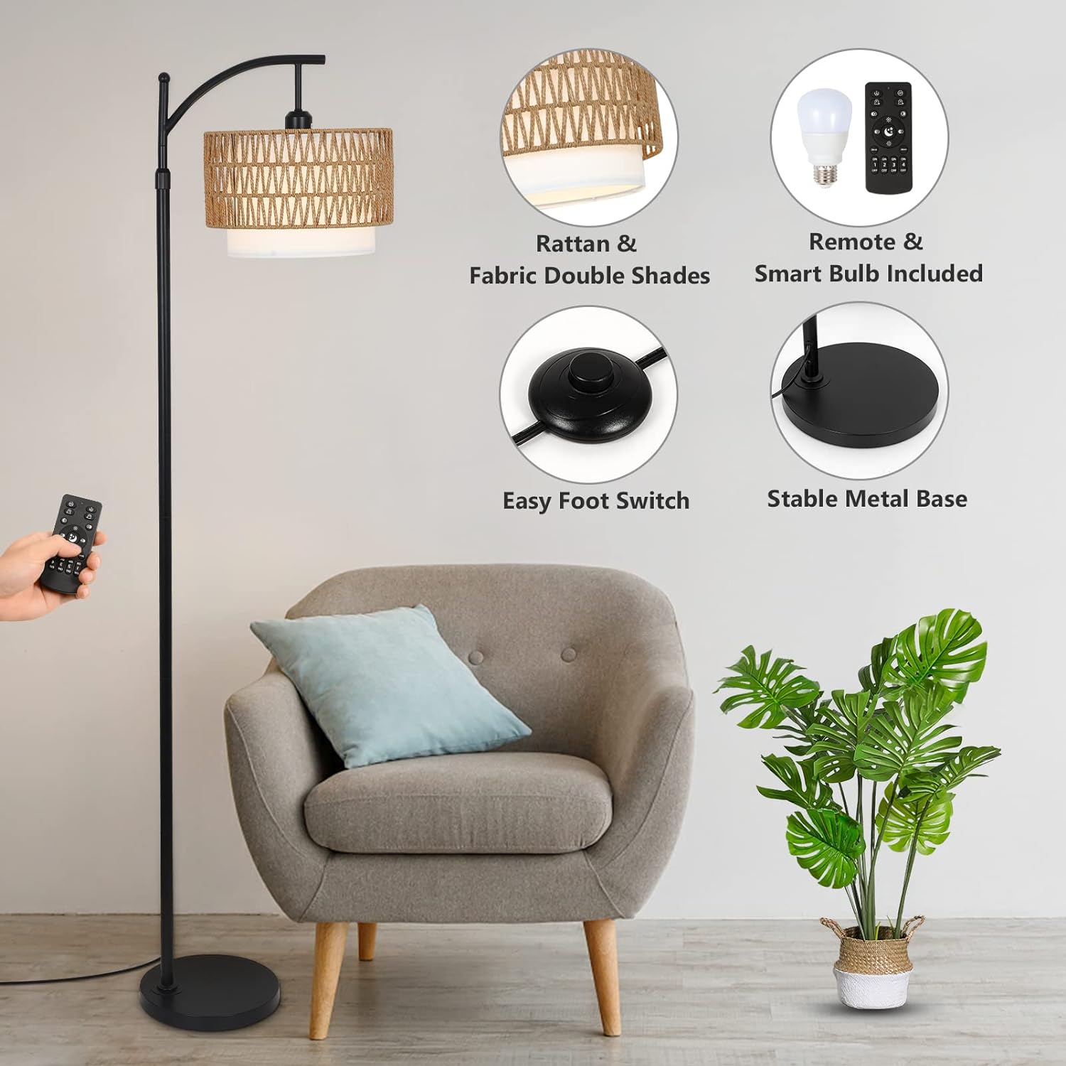 Arc Floor Lamp For Living Room With 3 Color Temperatures, Farmhouse Floor Lamps With Remote & Dimmable Bulb, Boho Standing Lamp With Rattan & Fabric Shades, Adjustable Tall Lamp For Bedroom, Office Brown Black Rattan Metal