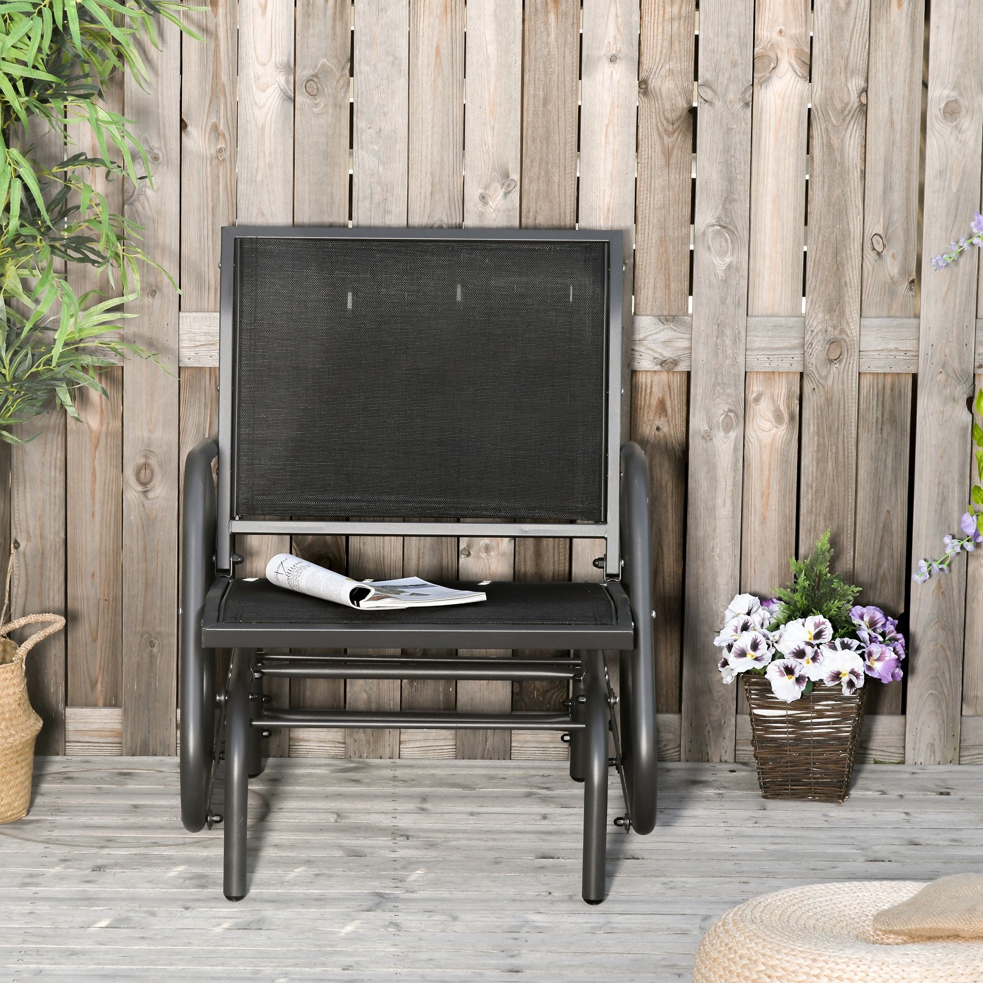 Outsunny Porch Glider, Metal Frame Swing Glider Chair Withmesh Fabric, Curved Armrests And Steel Frame For Garden, Poolside, Backyard, Balcony, Black Black Fabric Metal