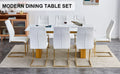 Table And Chair Set.Large Modern Rectangular Table With 0.4 Inch Patterned Glass Tabletop And Large Mdf Table Legs.Comes With 8 Chairs With Faux Leather Cushioned Seats And Golden Metal Legs. Gold White Seats 8 Mdf Glass