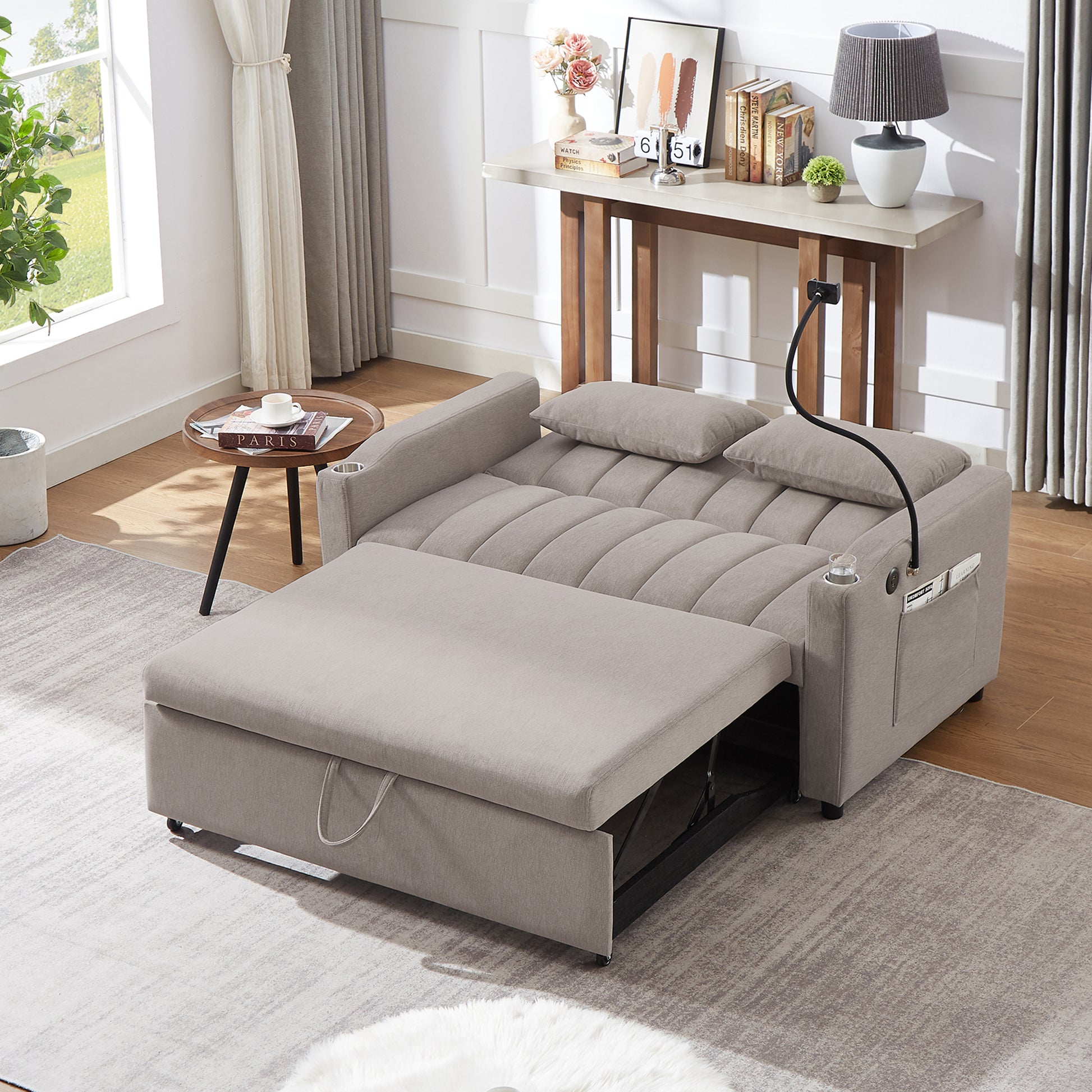 55.9" Convertible Sofa Bed Loveseat Sofa With Three Usb Ports, Two Side Pockets, Two Cup Holders And 360 Swivel Phone Holder For Living Room, Light Grey Light Grey Foam Polyester