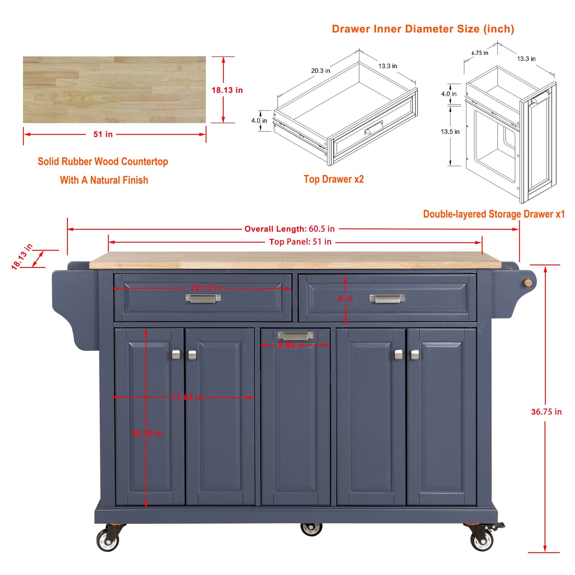 Kitchen Island With Rubber Wood Countertop, Kitchen Cart On 5 Wheels With Storage Cabinet And 2 Top Drawers And A Center Double Layered Storage Drawer For Dinning Room, Blue Blue Dining Room Rectangular Rubberwood Solid Wood Mdf Large 56 In