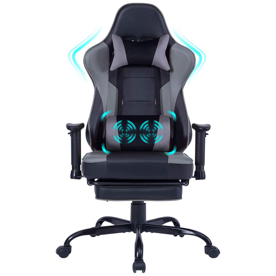 Game Chair, Ergonomiy Designed Computer Chair With Headrest And 2D Armrests, Waist Pillow Electronic Lounge Chair With Vibration Massage Function, Competitive Chair Iron Grey Cotton Leather