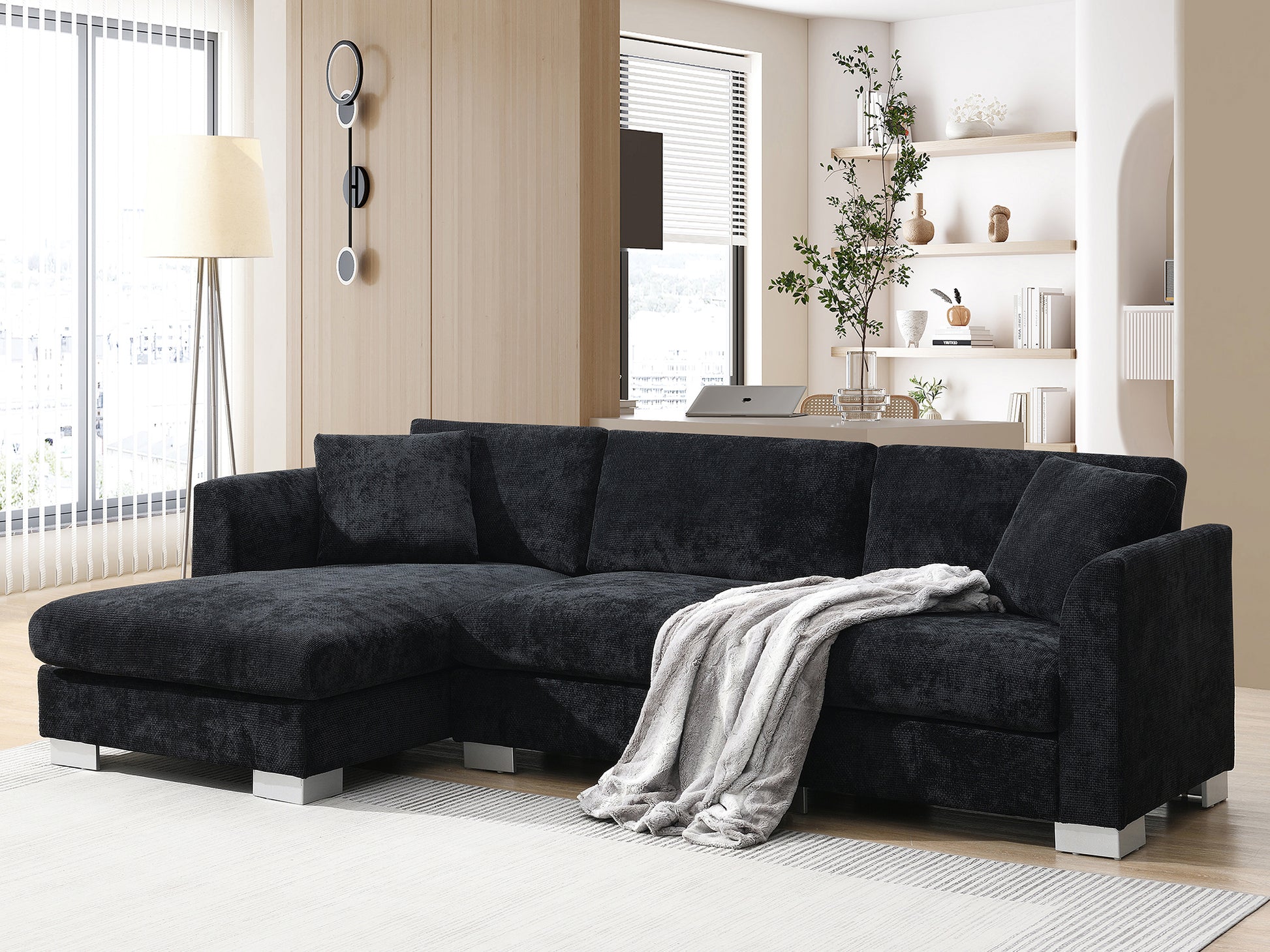 96*56" Modern Cloud Sectional Sofa,L Shaped Luxury Couch Set With 2 Free Pillows,4 Seat Chenille Indoor Furniture With Oversized Chaise For Living Room,Apartment,Office,3 Colors Black Chenille 4