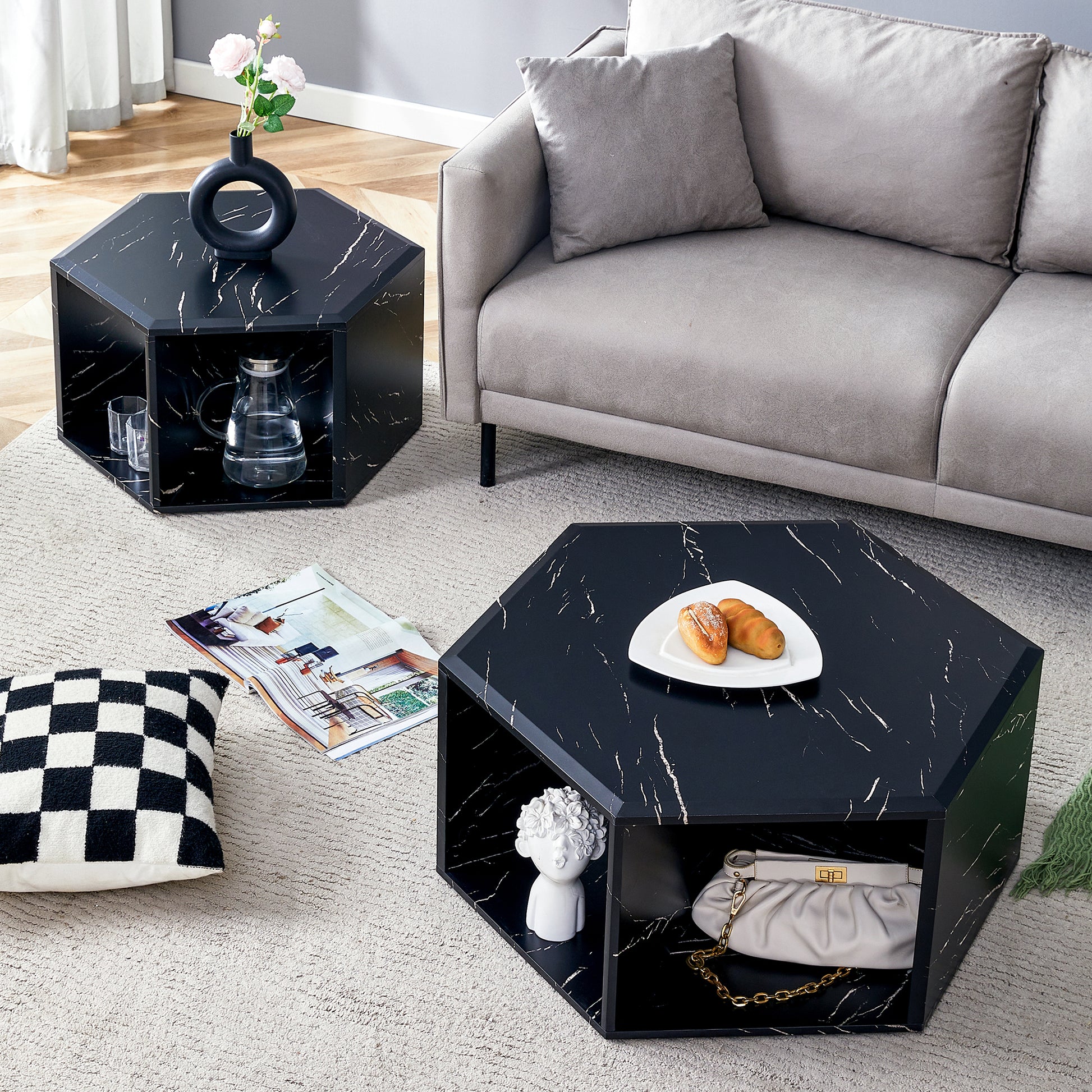 Modern Minimalist Black Hexagonal Coffee Table Set.Hexagonal Mdf Coffee Table, Characteristic Pattern Stickers, Multi Hole Design To Give More Storage Space.Two Coffee Tables Of Different Sizes.