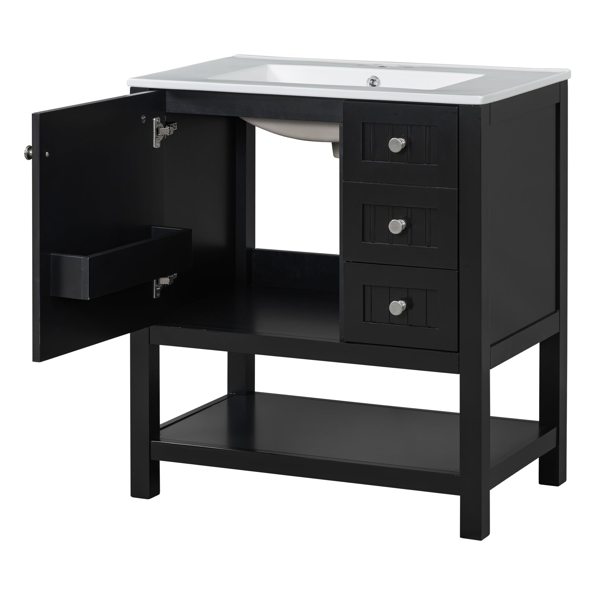30Inch Transitional Style Bathroom Vanity Cabinet Combo With Ceramic Sink,Soft Close Door Black Bathroom Solid Wood Mdf
