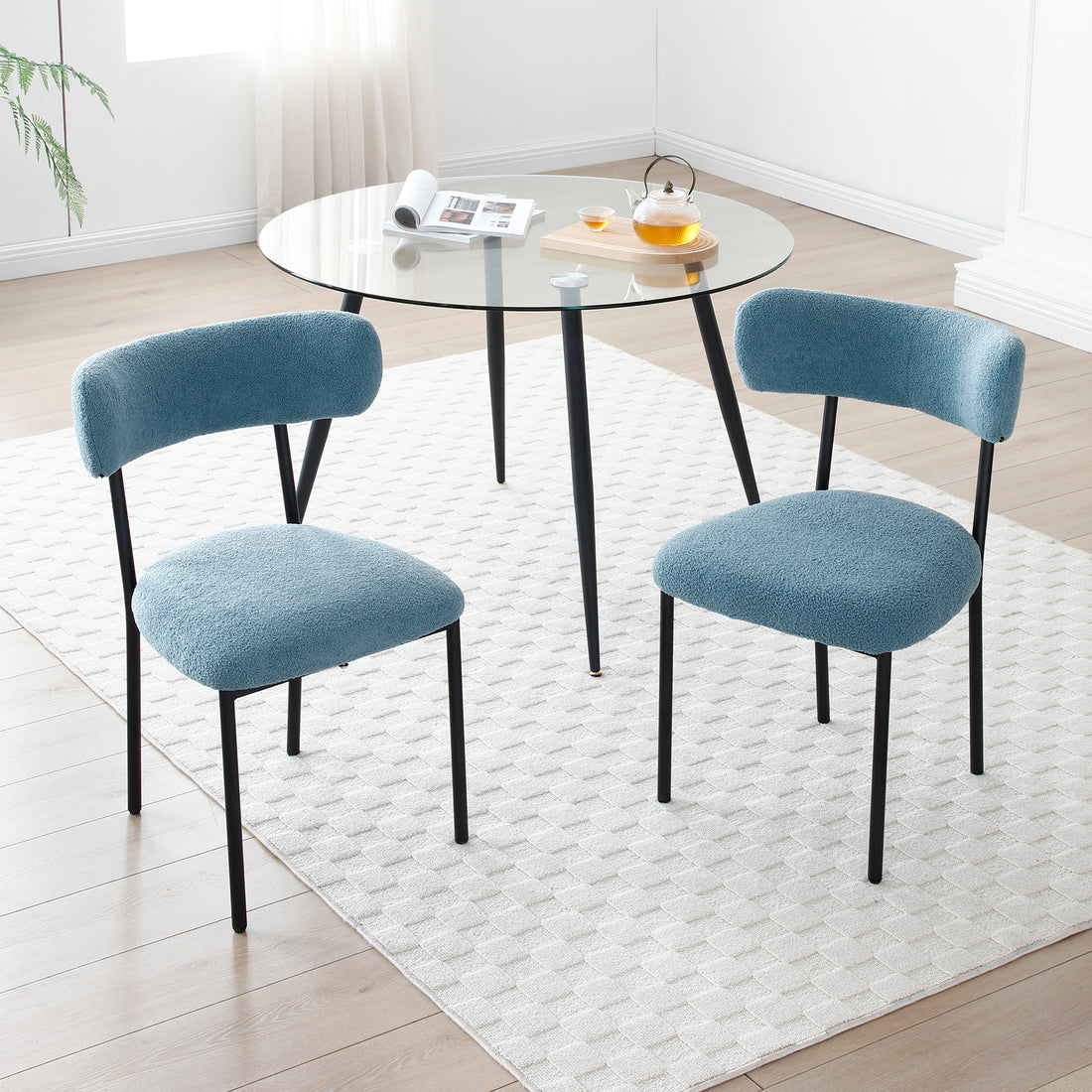 Dining Chairs Set Of 2,Round Upholstered Sherpa Fabric Dining Room Chairs With Curved Backrest,Mid Century Modern Accent Chairs With Black Metal Adjustable Legs For Dining Room,Living Room,Kitchen Light Blue Foam Polyester