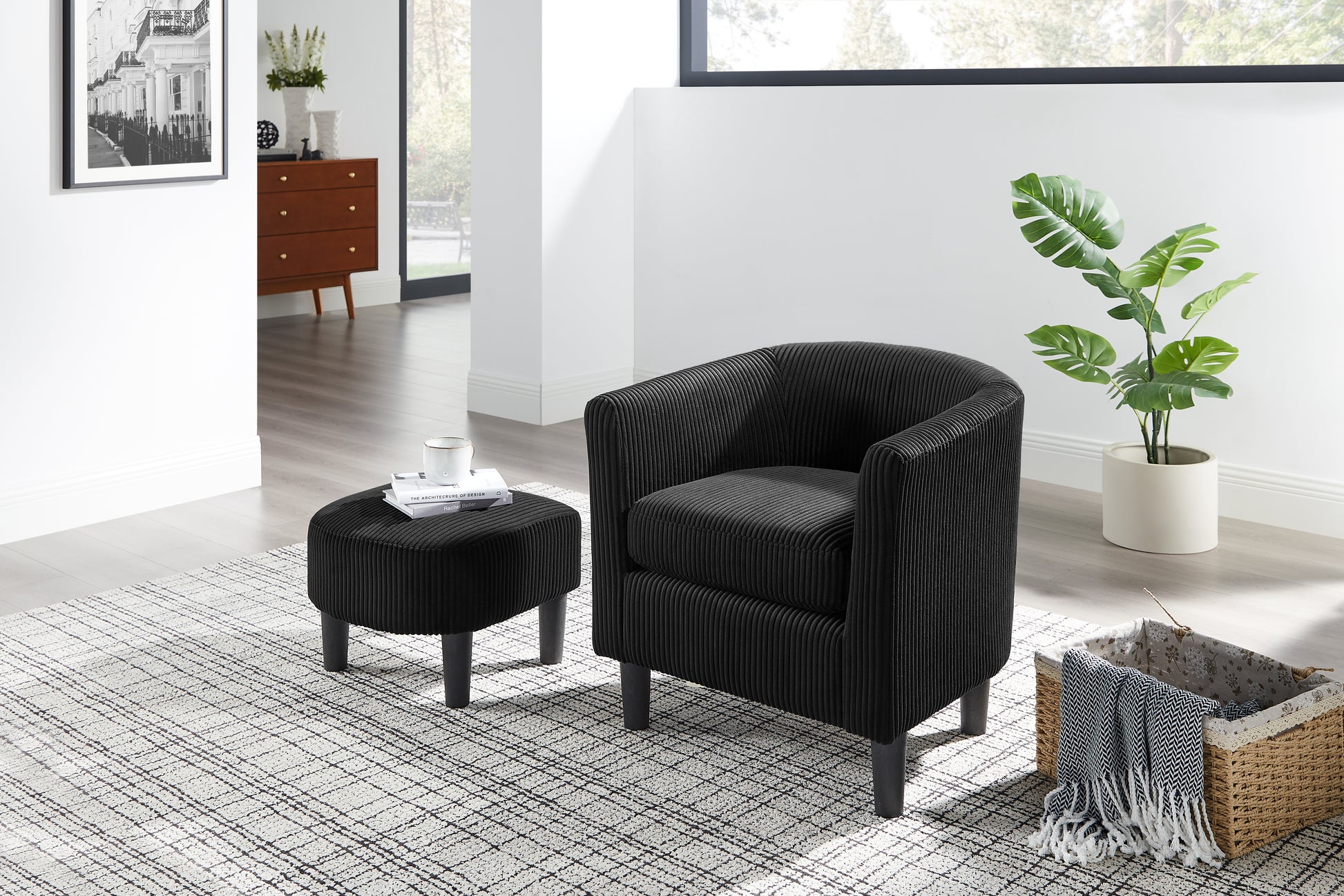 Modern Accent Chair,Upholstered Arm Chair Linen Corduroy Single Sofa Chair With Ottoman Foot Rest Comfy Armchair For Living Room Bedroom And Office,Black Black Fabric