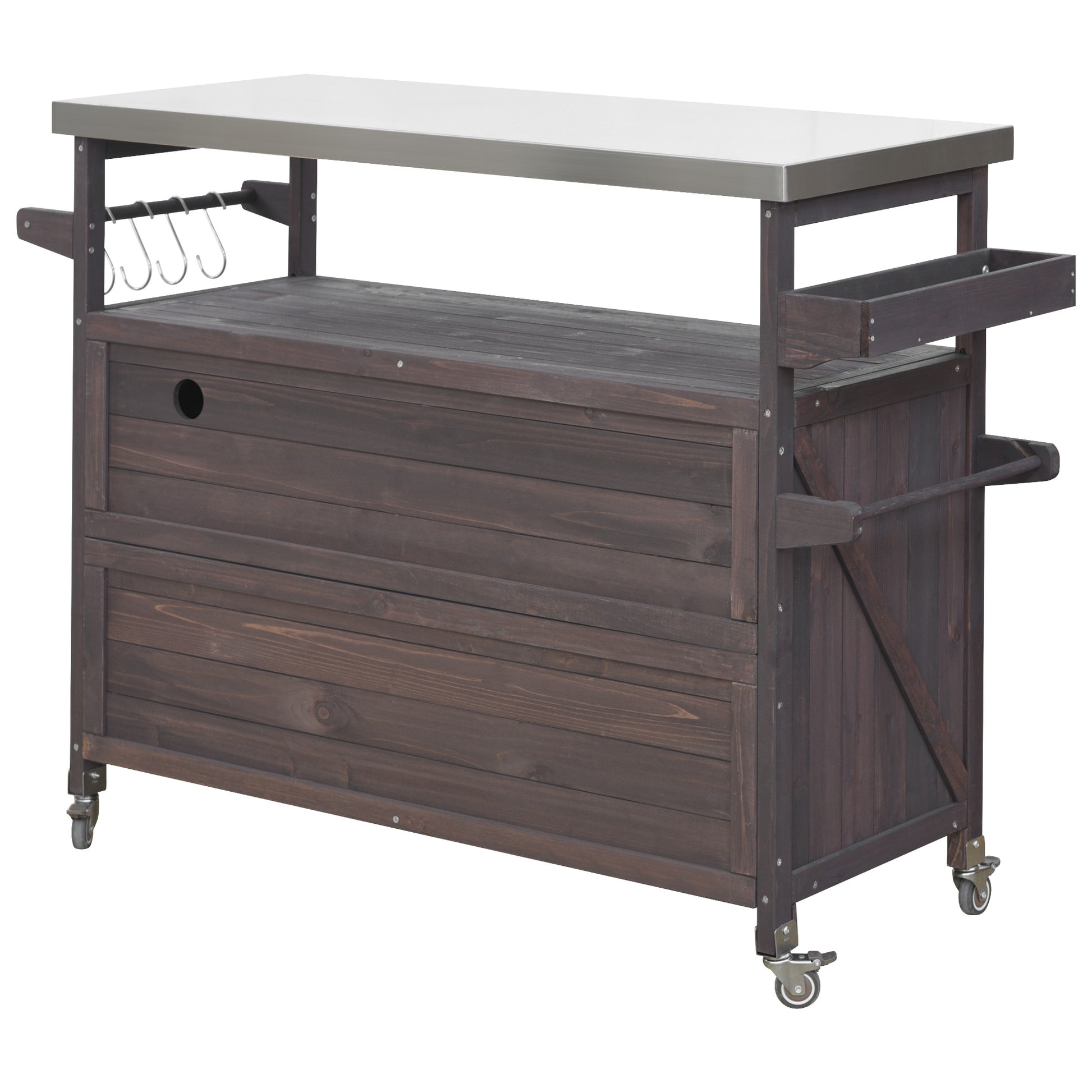 K&K Outdoor Kitchen Island, Rolling Bar Cart & Storage Cabinet, Farmhouse Solid Wood Outdoor Grill Table With Stainless Steel Top, Spice Racktowel Rack For Kitchen & Barbecuedark Brown Dark Brown Garden & Outdoor Classic,Farmhouse,French