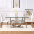 Table And Chair Set, Modern Dining Table, Tempered Glass Tabletop And Silver Colored Leg Table, Soft And Comfortable Dining Chair, Perfect For Dinner, Meetings, Home And Office Decor White Glass