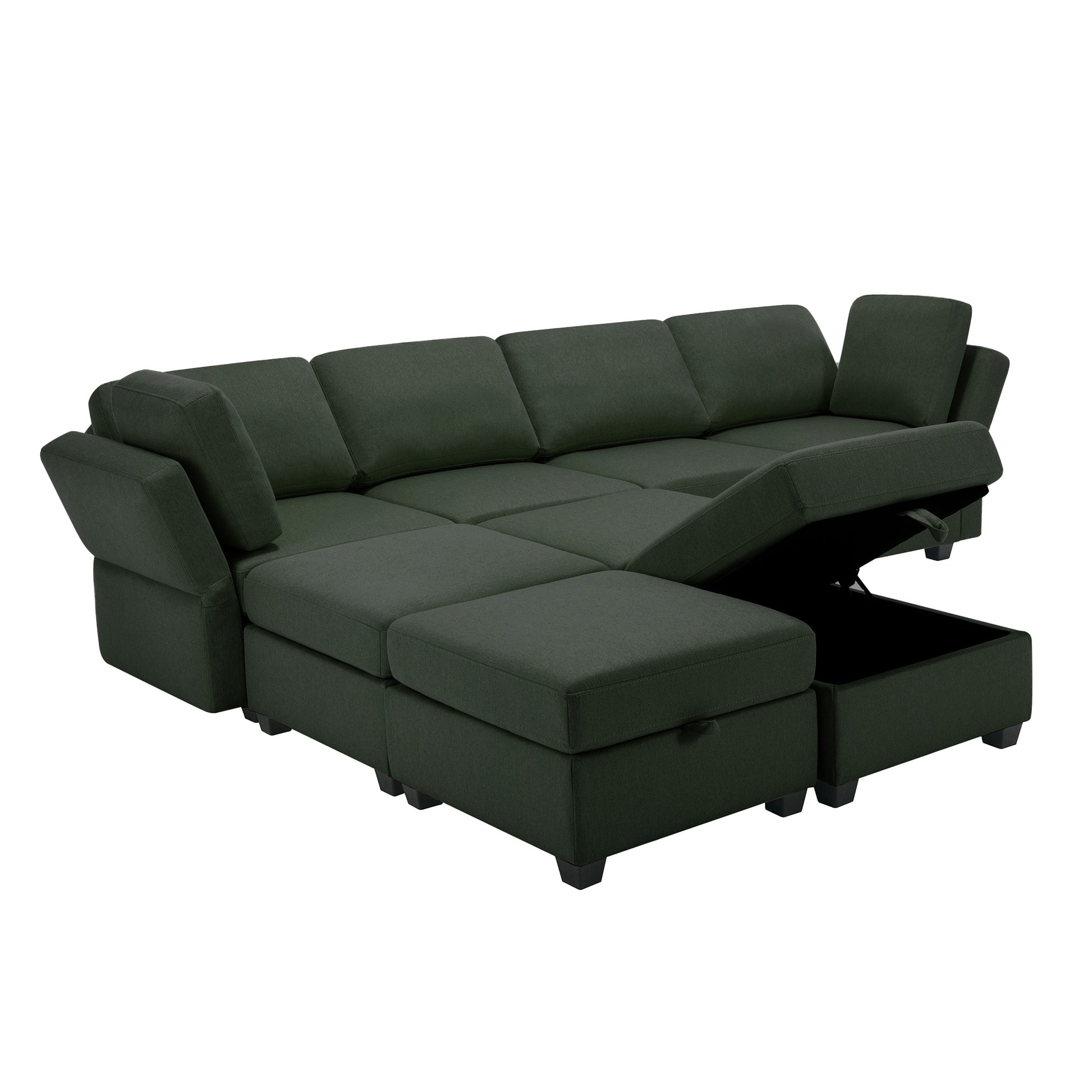 Modular Convertible U Shaped Sectional Sofa Couch With Storage Ottoman Corner Couch For Living Room, Adjustable Arms And Backs Green Green Polyester 4 Seat