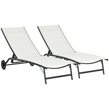 Outsunny Chaise Lounge Outdoor, 2 Piece Lounge Chair With Wheels, Tanning Chair With 5 Adjustable Positions For Patio, Beach, Yard, Pool, Cream White Cream White Fabric