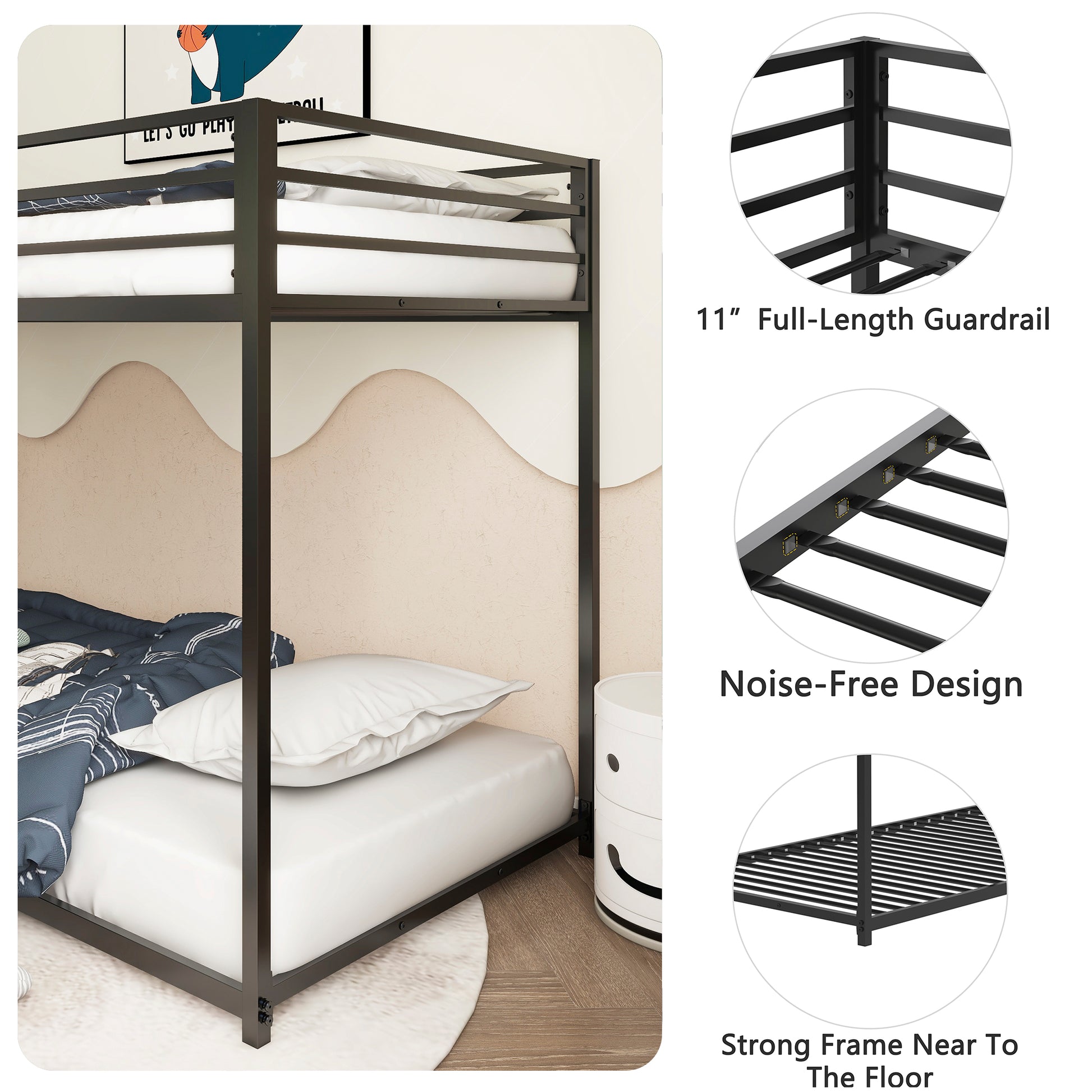 Same As Original B083124170 Adam Sturdy Twin Over Twin Metal Bunk Black For Kids And Adult, Low Profile And Easy Climbing With Stable Ladder Twin Box Spring Not Required Black Metal Bedroom Bed