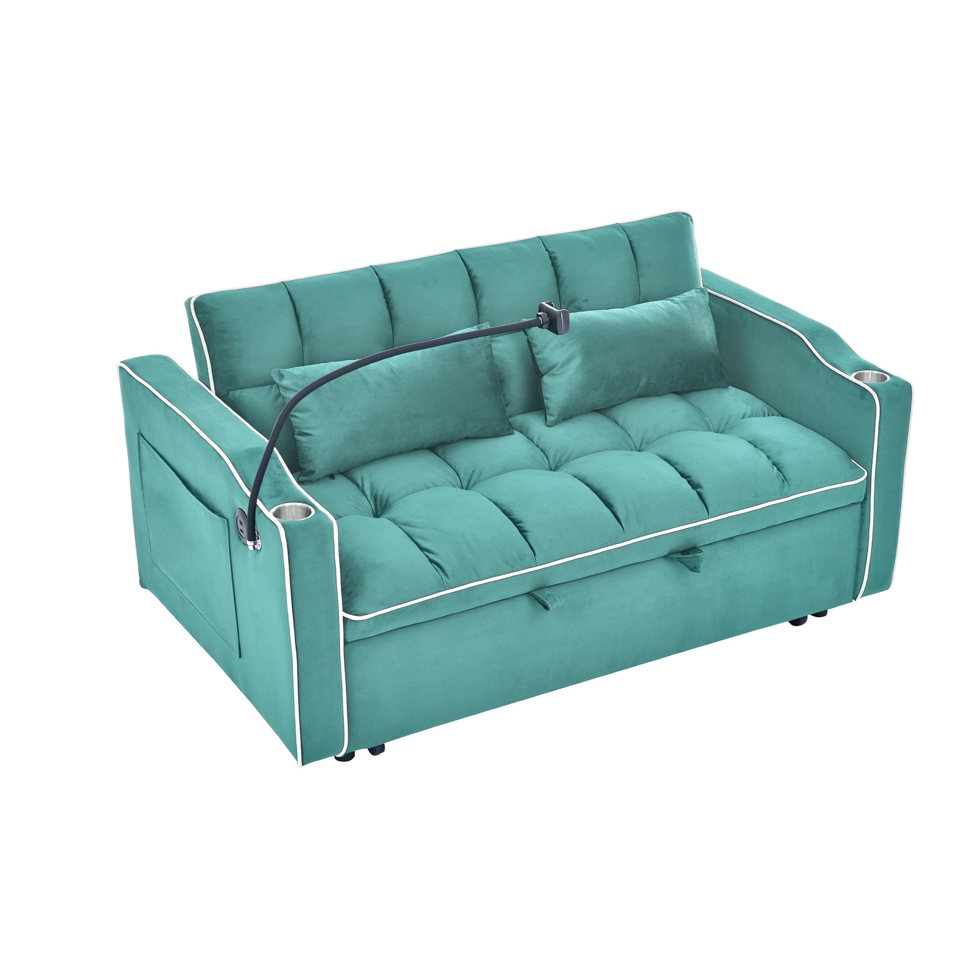 55.51 Inch Versatile Foldable Sofa Bed In 3 Lengths, Modern Sofa Sofa Sofa Velvet Pull Out Bed, Adjustable Back And With Usb Port And Ashtray And Swivel Phone Stand Green Full Antique Blue Green