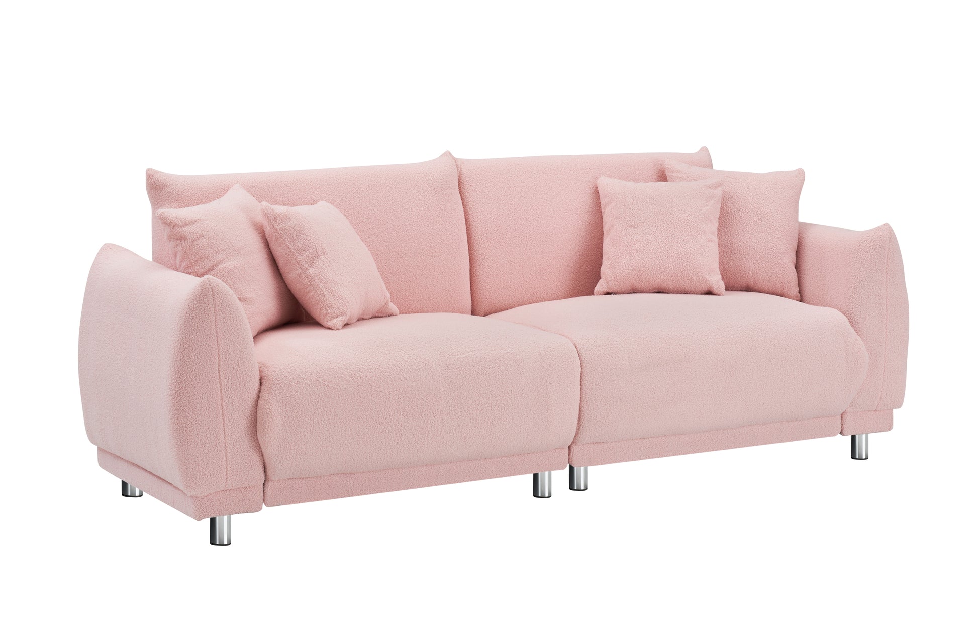 The 86.6 Inch Teddy Fleece Pink Sofa With Four Throw Pillows And Hardware Feet Can Sit Comfortably In An Apartment Bedroom Without Taking Up Space Pink Fabric 2 Seat