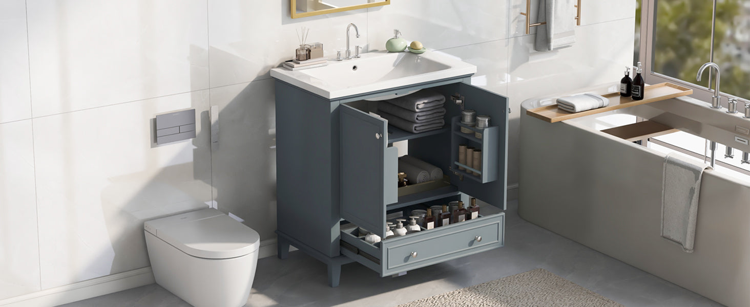 30" Bathroom Vanity With Sink Combo, Multi Functional Bathroom Cabinet With Doors And Drawer, Solid Frame And Mdf Board, Blue Blue Solid Wood Mdf