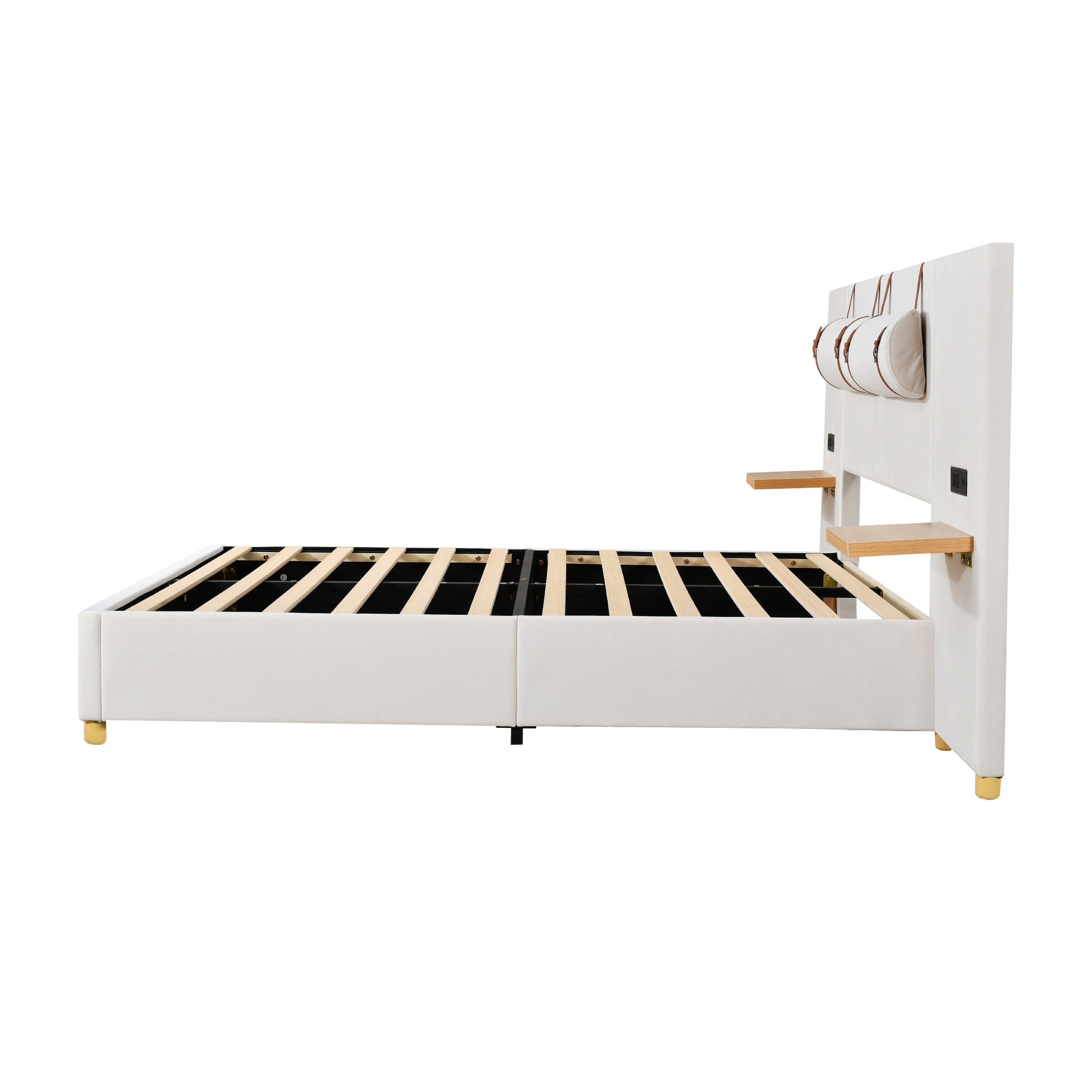 Full Size Upholstered Platform Bed, Two Outlets And Usb Charging Ports On Both Sides, Two Bedside Pillows, Storage Shelves,Velvet,Beige Full Beige Mdf Lvl