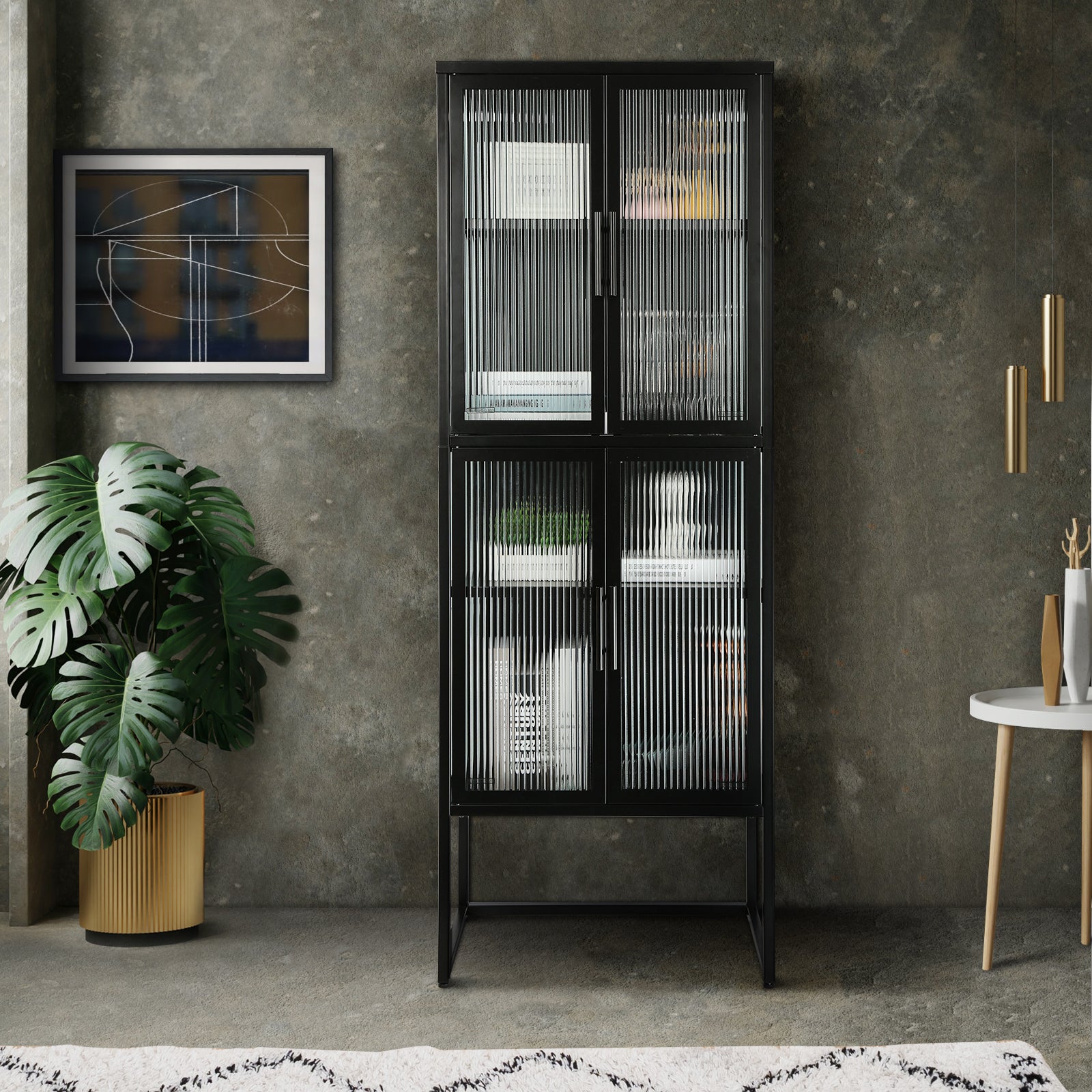 Stylish 4 Door Tempered Glass Cabinet With 4 Glass Doors Adjustable Shelves U Shaped Leg Anti Tip Dust Free Fluted Glass Kitchen Credenza Black Black Tempered Glass Sheet Metal Plastic