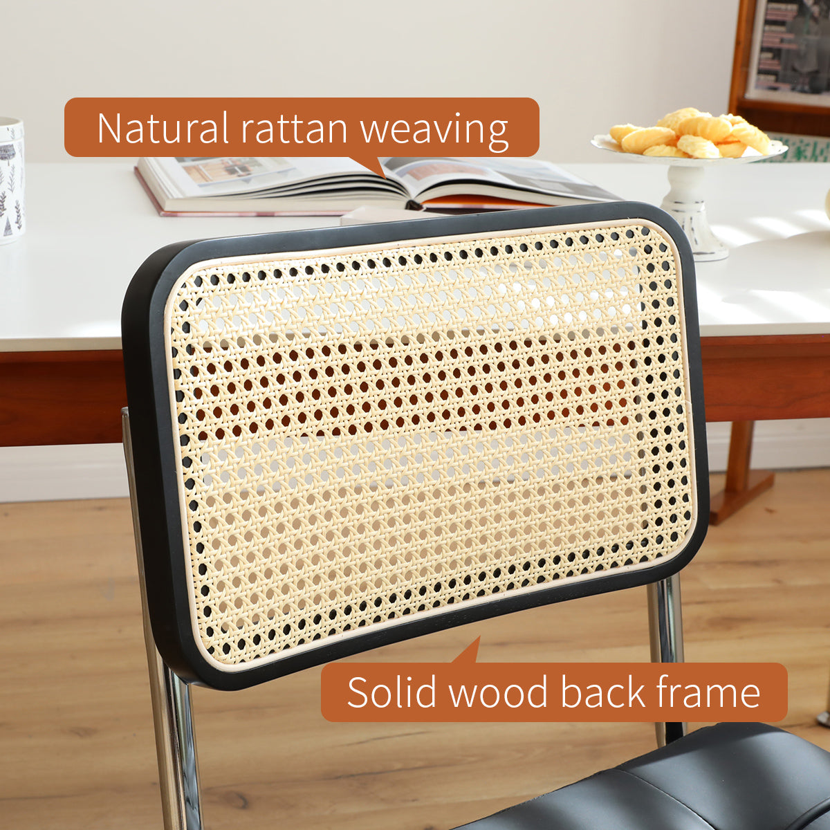 Dining Chairs Set Of 2, Fauex Leather Rattan Side Accent Chairs With Chrome Legs, Modern Mid Century Breuer Designed Chairs, Upholstered Dining Living Room Kitchen Chairs Black 2Pcs Black Faux