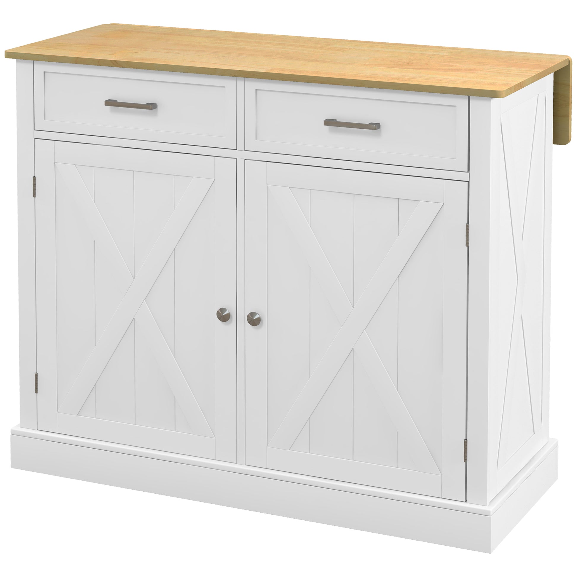 Homcom Rolling Kitchen Island With Drop Leaf Wood Breakfast Bar, Farmhouse Kitchen Cart With 2 Drawers, Adjustable Shelves For Dining Room, White White Rubber Wood