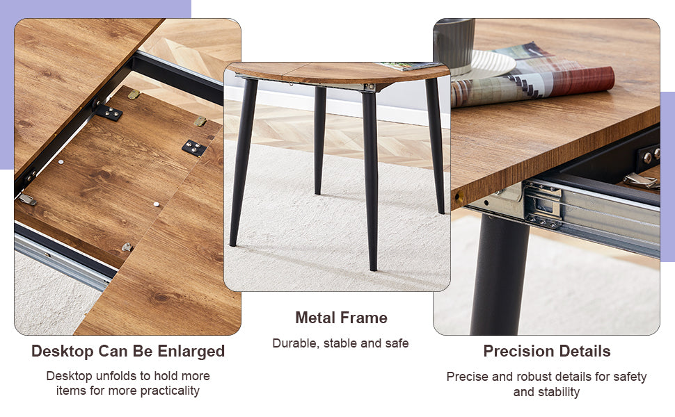 Table And Chair Set.Modern Extendable Wood Mdf Dining Table.The Table Has A Telescopic Design, Suitable For Gatherings Of Different Size.Paired With 6 Chairs With Pu Cushions And Black Metal Legs. Brown,Wood Seats 6 Mdf Metal