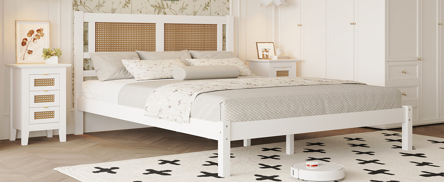 3 Pieces Bedroom Sets Queen Size Wooden Platform Bed With Natural Rattan Headboard, Nightstands Set Of 2 With Rattan Woven Surfaces And Three Drawers For Bedroom, White White Particle Board